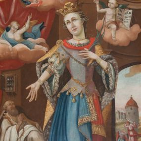 Zdjęcie nr 1: Obraz w kształcie stojącego prostokąta zwieńczonego łukiem wklęsło-wypukłym, ujęty profilowaną, złoconą i srebrzoną ramą, z przedstawieniem św. Barbary ukazanej w całej postaci, en face. Święta ukazana w lekkim kontrapoście, z głową przechyloną lekko w prawą stronę, ze wzrokiem skierowanym ku górze. Twarz pociągła, włosy spięte, zdobione sznurami pereł. Na głowie złota korona. Święta ubrana w suknię składającą się z dwuwarstwowej spódnicy – spodnia czerwona, wierzchnia niebieska z bogatą złoconą bordiurą. Rękawy szerokie bufiaste wykończone koronką, sięgające do łokci. Na wierzchu dłuższy gorset wykończony lambrekinem. Na plecach haftowany, złoty płaszcz. Na szyi, nadgarstkach i przedramionach biżuteria. W lewej dłoni gałązka palmowa, prawa ręka wyprostowana, odwiedziona od ciała z otwartą dłonią. Nad świętą, po lewej stronie kielich z Eucharystią otoczony rozjaśnionymi światłem obłokami oraz uskrzydlonymi główkami anielskimi. Poniżej, po lewej stronie, anioł leżący na obłoku, na tle czerwonej draperii, wskazującego na kielich, po prawej stronie anioł siedzący na obłoku, prawą dłonią podtrzymuje otwarta księgę. W części dolnej partii obrazu, po prawej stronie świętej, postać leżącego na łożu mężczyzny, po przeciwnej stronie półkoliście zakończony otwór drzwiowy z fragmentem pejzażu ukazującego wieżę oraz scenę ścięcia św. Barbary. Kolorystyka stonowana, o ciepłej, wąskiej gamie barwnej. 