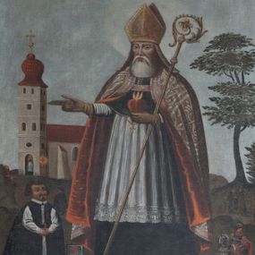 Zdjęcie nr 1: Obraz w kształcie stojącego prostokąta z przedstawieniem św. Augustyna. W centrum kompozycji święty ukazany hieratycznie w całej postaci, zwrócony trzy czwarte w prawo. Prawą ręką wskazuje na kościół, a w lewej trzyma pastorał i gorejące serce. Święty ubrany jest w szaty biskupie: czarną sutannę, białą rokietę, czarny mucet oraz ozdobny płaszcz z czerwoną podszewką; na głowie ma założoną złotą infułę. Na piersiach ma zawieszony krzyż pektoralny, a na dłoniach jasnobrązowe rękawice. Twarz okolona jest siwą i długą brodą. Na dole obrazu znajduje się napis: „S(anctus) Augustinus”. Po lewej stronie obrazu znajduje się postać fundatora obrazu, Marcina Grabieckiego. Fundator ukazany jest w postawie klęczącej, zwrócony trzy czwarte w lewo ze złożonymi dłońmi, w których trzyma książkę. Twarz o wyraźnych rysach, dużych oczach z krótką bródką i ciemnymi włosami, sięgającymi do uszu. Ubrany jest w strój bożogrobcy z widoczną białą rokietą i czarną peleryną, oznaczoną na lewej piersi czerwonym krzyżem tego zakonu. Obok niego jest prostokątna tabliczka, podzielona na pół. W dolnej części znajduje się godło herbu Uniwersytetu Krakowskiego oraz napis:  „A. E. / Ph(ilosophiae) B(accalaureus) / I. A. G(?)”, a w górnej godło zakonu bożogrobców oraz sygle: „M(ARTINVS) G(RABIECKI) C(ONVENTI) M(IECHOVIENSIS) / P. L. ”. Po prawej stronie obrazu została ukazana pomniejszona scena przedstawiająca św. Marcina na koniu, który ucina połę swojego płaszcza mieczem i oddaje żebrakowi. Powyżej ukazano dwóch dyskutujących zakonników w brązowych habitach. W oddali widoczny jest zielony pejzaż z wysokim drzewem po prawej stronie. Z kolei po drugiej stronie św. Augustyna został ukazany kościół, opięty szkarpami z czworoboczną wieżą w fasadzie nakrytą baniastym hełmem. Do kościoła zmierza pielgrzym, wspierając się na lasce, ubrany w ciemnobrązową pelerynę i kapelusz. Przed kościołem siedzi człowiek ubrany w czerwony płaszcz, a do świątyni wchodzi kapłan w białej komży. Przy wejściu namalowane czerwony krzyż na tle złotej glorii. Kolorystyka obrazu stonowana, w dolnej partii ciemna, w górnej rozjaśniona szaro-błękitnym niebiem. Rama drewniana, profilowana, złocona, od zewnątrz fakturowana. Według informacji zawartych w literaturze na odwrociu znajdują się napisy: „Martinus Grabiecki C. M. E. comparavit hanc Imaginen Anno D[o]m[ini] 1574 aetatae Suae anno 47” oraz powyżej późniejszy: „Martinus Grabjeckij comparavit hanc Imaginen A(nno) D(omini) 1574”.