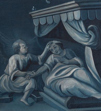 Zdjęcie nr 6: Dwa obrazy w formie leżącego prostokąta, każdy podzielony jest wewnątrz na trzy prostokątne pola z emblematami, ujęte esownicami i rocaille&#039;m. Malowane są monochromatycznie, o biało-niebieskiej kolorystyce. 
Pierwszy obraz z napisem w górnej linii „FACITE FRUCTUS DIGNOS POENAE TENTIAE. MATH: 3.”. Każda ze scen ujęta jest na górze i na dole kartuszami z napisami. Pierwsza od lewej jest na tle pejzażu i przedstawia ukazanego frontalnie, tańczącego błazna. Na drugim planie znajduje się uskrzydlona postać, w tunice, z głową w glorii, która lewą ręką zakrywa twarz, prawą z palcem wskazującym kieruje do góry. W górnym kartuszu napis „DEUS TU SCIS INSIPIENTIAM MEAM, ET DELICTA MEA A / TE NON SUNT ABS CONDITA Psal: 68.”, w dolnym „RECTE PECCATUM INSIPIENTIAM VOCAVIT, NEMO ENIM SAPIENS, / ID ALIQUANDO COMMITTIT. Orig in Psal: 37.”. Środkowa scena ukazana jest we wnętrzu, w którym po prawej stronie znajduje się łoże z baldachimem, z leżącą w nim chorą i płaczącą kobietą. W lewej części sceny, przy łóżku siedzi zwrócona profilem uskrzydlona postać w tunice, która prawą ręką trzyma za dłoń chorą, lewą kładzie na jej głowie. W górnym kartuszu napis „MISERERE MEI DOMINE, QUONIAM INFIRMUS SUM: Psal: 6.”, w dolnym „AEGROTAT HUMANUM GENUS, NON MORBIS CORPORIS, / SED PECCATIS. S. Aug: serm: 59.”. Trzecia scena ukazana jest na tle fantastycznego pejzażu. Na pierwszym planie leży ukazany z profilu kościotrup, który złapał w sieć, próbującą się wyrwać leżącą postać, przed którą znajdują się naczynia, owoce i lutnia. Na drugim planie na tle ognia trzy diabły ścigają uciekającą postać z pochodnią. Przed nią inna postać dmie w trąbę, druga, uskrzydlona nadlatuje z łukiem zrzucając uciekającej linę. W górnym kartuszu napis „DOLORES INFERNI CIRCUMDEDERUNT ME, PRAEOCCUPA=/VERUNT ME LAQUEI MORTIS. Psal. 17.”, w dolnym „OMNIA RETIBUS PLENA SUNT; DIABOLUS LAQVEO CUNCTA / COMPLEVIT. Origines Hom: 2. in cant:”. 
Drugi obraz z napisem w górnej linii „DILIGAMUS DEUM QUINI AM IPSE PRIOR DILEXIT NOS. 1. Ioan: 4.”. Każda ze scen ukazana jest na tle pejzażu i zwieńczona na górze kartuszem z napisem. W pierwszej od lewej ukazane są trzy postacie kobiece, z których środkowa omdlała. Pierwsza kobieta podtrzymuje jej głowę i przykłada do niej kwiaty, a trzecia kobieta klęczy i wyciąga ku niej ręce. Przed omdlałą znajduje się kosz z owocami. W wieńczącym kartuszu napis „FULCITE ME FLORIB[US], STIPATE ME MALIS, QUIA AMORE LANGVEO. Cant: 2.”. Środkowa przedstawia kościotrupa, w którego żebrach klatki piersiowej uwięziona jest modląca się postać. W wieńczącym kartuszu napis „INFELIX EGO HOMO! QUIS ME LIBERABIT DE CORPORE MORTIS HUJUS? Ad Rom: 7.”. Trzecia scena po prawej przedstawia od tyłu kobietę jadącą na jeleniu, która lewą ręką trzyma jego poroże. Kierują się w stronę znajdującego się w grocie skalnej źródła, które tryska z uskrzydlonej postaci. W wieńczącym kartuszu napis „QUEMADMODUM DESIDERAT CEVUS AD FONTES AQUARUM, ITA / DESIDETAT ANIMA MEA AD TE DEUS. Psalmo 41.”. 
