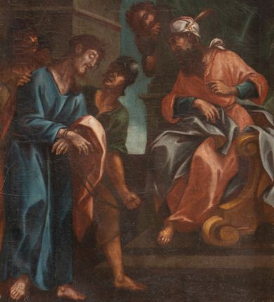 Zdjęcie nr 1: Obrazy w formie stojącego prostokąta, ujęte profilowaną, złoconą ramą w górnej połowie, z trzech stron dekorowaną ornamentem rocaille&#039;owym, z kartuszem zwieńczonym krzyżem, z numerem stacji w polu. Od spodu rocaille&#039;owy kartusz z napisem „STACYA”. Sceny wielofiguralne ukazane na tle pejzażu lub we wnętrzu z widoczną architekturą. Postacie wyobrażone w ekspresyjnym ruchu. Chrystus wyróżniony ze scen  ubiorem w postaci jasnoniebieskiej tuniki i bladoróżowego płaszcza lub białego perizonium, z koroną cierniową na głowie. 
Kolorystyka obrazów ciemna, w ciepłej, brunatnej tonacji. 