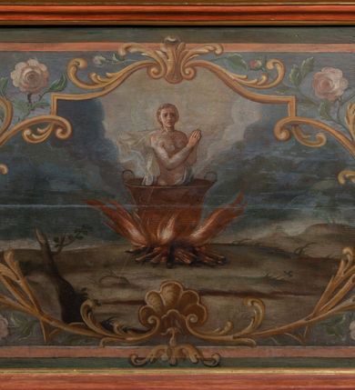 Zdjęcie nr 5: Nastawa architektoniczna, jednoosiowa, jednokondygnacyjna ze zwieńczeniem. Ołtarz prostopadłościenny, murowany, w drewnianej obudowie, z kamienną mensą. Antepedium ujęte profilowaną ramą, w polu malowana płycina w formie leżącego prostokąta o wklęsłych narożach, wypełniona różami, z akantowym kartuszem w centrum. W narożach przedstawienia ptaków na gałęziach. W polu kartusza scena męczeństwa św Wita, na tle pejzażu. Retabulum ustawione na dwustrefowym cokole, z wyłamanymi dwoma prostopadłościanami, w górnej części dekorowanymi rocaille'owymi płycinami. Nastawa ujęta parą zdwojonych pilastrów, o kanelowanych trzonach i kapitelach kompozytowych, dźwigających pełne belkowanie, wyłamane na ich osi, z architrawem przyjmującym nad polem środkowym formę łuku odcinkowego oraz fragmenty półkolistego, przerwanego przyczółka. W polu centralnym wnęka w kształcie stojącego prostokąta zamkniętego łukiem półkolistym nadwieszonym, ujęta profilowaną ramą, z obrazem św. Józefa z Dzieciątkiem. Nad nią, w polu belkowania rocaille'owy kartusz z napisem „QUIA VIRGO ELECTUS / VIRGO IN AEVUM / PERMANSIT”. Zwieńczenie w formie zbliżonej do trapezu, ujętego spływami wolutowymi, zamkniętego fragmentem gzymsu w formie łuku półkolistego nadwieszonego. Zwieńczenie zakończone rokokową muszlą i rocaille'm, flankowane kampanulami. W polu obraz św. Floriana w kształcie analogicznym do zwieńczenia, w profilowanej ramie. Struktura polichromowana na sposób imitujący marmoryzację w kolorach niebieskim i zielonym, profile i ornamentyka złocone, detal srebrzony. 


