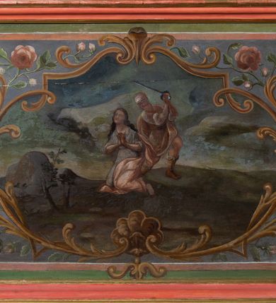 Zdjęcie nr 6: Nastawa architektoniczna, jednoosiowa, jednokondygnacyjna ze zwieńczeniem. Ołtarz prostopadłościenny, murowany, w drewnianej obudowie, z kamienną mensą. Antepedium ujęte profilowaną ramą, w polu malowana płycina w formie leżącego prostokąta o wklęsłych narożach, wypełniona różami, z akantowym kartuszem w centrum. W narożach przedstawienia ptaków na gałęziach. W polu kartusza scena ścięcia św. Barbary przez oprawcę, na tle pejzażu. Retabulum ustawione na dwustrefowym cokole, z wyłamanymi dwoma prostopadłościanami, w górnej części dekorowanym rocaille&#039;owymi płycinami. Nastawa ujęta parą zdwojonych pilastrów, o kanelowanych trzonach i kapitelach kompozytowych, dźwigających pełne belkowanie, wyłamane na ich osi, z architrawem przyjmującym nad polem środkowym formę łuku odcinkowego oraz fragmenty półkolistego, przerwanego przyczółka. W polu centralnym wnęka w kształcie stojącego prostokąta zamkniętego łukiem półkolistym nadwieszonym, ujęta profilowaną ramą, z obrazem św. Barbary. Nad nią, w polu belkowania rocaille&#039;owy kartusz z napisem „IT DE / NOCTE SURREXIT DEDIT / CIBARIA ANCIRIS / SUIS”. Zwieńczenie w formie zbliżonej do trapezu, ujętego spływami wolutowymi, zamkniętego fragmentem gzymsu w kształcie łuku półkolistego nadwieszonego. Zwieńczenie zakończone rokokową muszlą i rocaille&#039;m, flankowane kampanulami. W polu obraz pokutującej św. Marii Magdaleny w kształcie analogicznym do zwieńczenia, w profilowanej ramie. Struktura polichromowana na sposób imitujący marmoryzację w kolorach niebieskim i zielonym, profile i ornamentyka złocone, detal srebrzony. 




