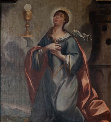 Zdjęcie nr 14: Nastawa architektoniczna, jednoosiowa, jednokondygnacyjna ze zwieńczeniem. Ołtarz prostopadłościenny, murowany, w drewnianej obudowie, z kamienną mensą. Antepedium ujęte profilowaną ramą, w polu malowana płycina w formie leżącego prostokąta o wklęsłych narożach, wypełniona różami, z akantowym kartuszem w centrum. W narożach przedstawienia ptaków na gałęziach. W polu kartusza scena ścięcia św. Barbary przez oprawcę, na tle pejzażu. Retabulum ustawione na dwustrefowym cokole, z wyłamanymi dwoma prostopadłościanami, w górnej części dekorowanym rocaille'owymi płycinami. Nastawa ujęta parą zdwojonych pilastrów, o kanelowanych trzonach i kapitelach kompozytowych, dźwigających pełne belkowanie, wyłamane na ich osi, z architrawem przyjmującym nad polem środkowym formę łuku odcinkowego oraz fragmenty półkolistego, przerwanego przyczółka. W polu centralnym wnęka w kształcie stojącego prostokąta zamkniętego łukiem półkolistym nadwieszonym, ujęta profilowaną ramą, z obrazem św. Barbary. Nad nią, w polu belkowania rocaille'owy kartusz z napisem „IT DE / NOCTE SURREXIT DEDIT / CIBARIA ANCIRIS / SUIS”. Zwieńczenie w formie zbliżonej do trapezu, ujętego spływami wolutowymi, zamkniętego fragmentem gzymsu w kształcie łuku półkolistego nadwieszonego. Zwieńczenie zakończone rokokową muszlą i rocaille'm, flankowane kampanulami. W polu obraz pokutującej św. Marii Magdaleny w kształcie analogicznym do zwieńczenia, w profilowanej ramie. Struktura polichromowana na sposób imitujący marmoryzację w kolorach niebieskim i zielonym, profile i ornamentyka złocone, detal srebrzony. 




