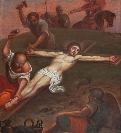 Zdjęcie nr 14: Obrazy w formie stojącego prostokąta, w profilowanej, złoconej ramie, ze szczytem przy górnym boku, z numerem stacji, zwieńczonym krzyżem. Kompozycje wielofigurowe, postacie ukazane w ruchu, na tle pejzażu. Chrystus jest każdorazowo wyodrębniony spośród nich, ubrany w jasnoniebieską tunikę, przewiązaną sznurem, z łańcuchem na szyi lub w białym perizonium, z koroną cierniową na głowie.
Na stacjach o numerach I-VI sygnatury „Wojciech Eljasz 1871”, na VII – „Wojciech Elasz / w Krakowie / 1871”, na obrazach VIII- IX – „Wojciech Eljasz / 1872”, na dziele o numerze XI – „Eljasz 1872”, a na XIII i XIV sygnatura „Wojciech Eljasz 1872”. 