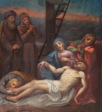 Zdjęcie nr 18: Obrazy w formie stojącego prostokąta, w profilowanej, złoconej ramie, ze szczytem przy górnym boku, z numerem stacji, zwieńczonym krzyżem. Kompozycje wielofigurowe, postacie ukazane w ruchu, na tle pejzażu. Chrystus jest każdorazowo wyodrębniony spośród nich, ubrany w jasnoniebieską tunikę, przewiązaną sznurem, z łańcuchem na szyi lub w białym perizonium, z koroną cierniową na głowie.
Na stacjach o numerach I-VI sygnatury „Wojciech Eljasz 1871”, na VII – „Wojciech Elasz / w Krakowie / 1871”, na obrazach VIII- IX – „Wojciech Eljasz / 1872”, na dziele o numerze XI – „Eljasz 1872”, a na XIII i XIV sygnatura „Wojciech Eljasz 1872”. 