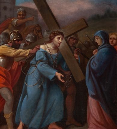 Zdjęcie nr 25: Obrazy w formie stojącego prostokąta, w profilowanej, złoconej ramie, ze szczytem przy górnym boku, z numerem stacji, zwieńczonym krzyżem. Kompozycje wielofigurowe, postacie ukazane w ruchu, na tle pejzażu. Chrystus jest każdorazowo wyodrębniony spośród nich, ubrany w jasnoniebieską tunikę, przewiązaną sznurem, z łańcuchem na szyi lub w białym perizonium, z koroną cierniową na głowie.
Na stacjach o numerach I-VI sygnatury „Wojciech Eljasz 1871”, na VII – „Wojciech Elasz / w Krakowie / 1871”, na obrazach VIII- IX – „Wojciech Eljasz / 1872”, na dziele o numerze XI – „Eljasz 1872”, a na XIII i XIV sygnatura „Wojciech Eljasz 1872”. 