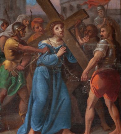 Zdjęcie nr 21: Obrazy w formie stojącego prostokąta, w profilowanej, złoconej ramie, ze szczytem przy górnym boku, z numerem stacji, zwieńczonym krzyżem. Kompozycje wielofigurowe, postacie ukazane w ruchu, na tle pejzażu. Chrystus jest każdorazowo wyodrębniony spośród nich, ubrany w jasnoniebieską tunikę, przewiązaną sznurem, z łańcuchem na szyi lub w białym perizonium, z koroną cierniową na głowie.
Na stacjach o numerach I-VI sygnatury „Wojciech Eljasz 1871”, na VII – „Wojciech Elasz / w Krakowie / 1871”, na obrazach VIII- IX – „Wojciech Eljasz / 1872”, na dziele o numerze XI – „Eljasz 1872”, a na XIII i XIV sygnatura „Wojciech Eljasz 1872”. 