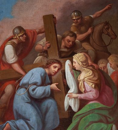 Zdjęcie nr 4: Obrazy w formie stojącego prostokąta, w profilowanej, złoconej ramie, ze szczytem przy górnym boku, z numerem stacji, zwieńczonym krzyżem. Kompozycje wielofigurowe, postacie ukazane w ruchu, na tle pejzażu. Chrystus jest każdorazowo wyodrębniony spośród nich, ubrany w jasnoniebieską tunikę, przewiązaną sznurem, z łańcuchem na szyi lub w białym perizonium, z koroną cierniową na głowie.
Na stacjach o numerach I-VI sygnatury „Wojciech Eljasz 1871”, na VII – „Wojciech Elasz / w Krakowie / 1871”, na obrazach VIII- IX – „Wojciech Eljasz / 1872”, na dziele o numerze XI – „Eljasz 1872”, a na XIII i XIV sygnatura „Wojciech Eljasz 1872”. 