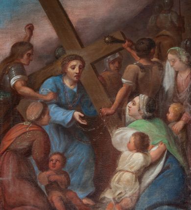 Zdjęcie nr 8: Obrazy w formie stojącego prostokąta, w profilowanej, złoconej ramie, ze szczytem przy górnym boku, z numerem stacji, zwieńczonym krzyżem. Kompozycje wielofigurowe, postacie ukazane w ruchu, na tle pejzażu. Chrystus jest każdorazowo wyodrębniony spośród nich, ubrany w jasnoniebieską tunikę, przewiązaną sznurem, z łańcuchem na szyi lub w białym perizonium, z koroną cierniową na głowie.
Na stacjach o numerach I-VI sygnatury „Wojciech Eljasz 1871”, na VII – „Wojciech Elasz / w Krakowie / 1871”, na obrazach VIII- IX – „Wojciech Eljasz / 1872”, na dziele o numerze XI – „Eljasz 1872”, a na XIII i XIV sygnatura „Wojciech Eljasz 1872”. 