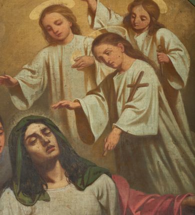 Zdjęcie nr 9: Obraz w formie stojącego prostokąta zamkniętego półkoliście z przedstawieniem Zofii umierającej przy grobie, nad którym unoszą się postacie jej trzech córek. Zofia w pozycji klęczącej, zwrócona jest w trzech czwartych w lewo, opada bezwładnie w ramiona znajdującej się za nią młodej kobiety. Lewą rękę trzyma na nagrobku, prawa opada bezwładnie wzdłuż ciała. Twarz ma szczupłą o dużych, zamkniętych oczach, małym nosie i pełnych rozchylonych ustach, okoloną kręconymi, brązowymi włosami opadającymi na ramiona. Ubrana jest w białą tunikę przepasaną w talii, czerwony płaszcz zarzucony na lewe ramię i opadający przy prawym boku, na głowie ma zielony welon. Za nią znajduje się postać kobieca zwrócona w tę samą stronę, przechylona w prawo, obiema rękami podtrzymuje ciało Zofii. Twarz ma owalną o okrągłych półprzymkniętych oczach, prostym nosie i pełnych ustach okoloną brązowymi włosami upiętymi z tyłu głowy. Ubrana jest w fioletową tunikę. Nad nagrobkiem w formie cokołu dekorowanego wieńcami laurowymi, w górnej części obrazu unoszą się trzy dziewczęta. Wszystkie zwrócone są w trzech czwartych w prawo, z pochylonymi głowami, prawe ręce wyciągają do przodu, w lewych trzymają atrybuty. Na pierwszym planie Wiara z krzyżem, po jej prawej Miłość z płomieniem, a za nią Nadzieja z kotwicą. Wszystkie mają owalne twarze, o delikatnych rysach, okolone jasnobrązowymi długimi włosami. Ubrane są w luźne, białe tuniki. Nad głowami mają nimby. Scena ukazana na rozjaśnionym, brązowym tle. Na nagrobku, pod ręką Zofii sygnatura „1865 / W. Eljasz”. 

