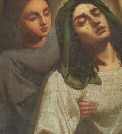 Zdjęcie nr 5: Obraz w formie stojącego prostokąta zamkniętego półkoliście z przedstawieniem Zofii umierającej przy grobie, nad którym unoszą się postacie jej trzech córek. Zofia w pozycji klęczącej, zwrócona jest w trzech czwartych w lewo, opada bezwładnie w ramiona znajdującej się za nią młodej kobiety. Lewą rękę trzyma na nagrobku, prawa opada bezwładnie wzdłuż ciała. Twarz ma szczupłą o dużych, zamkniętych oczach, małym nosie i pełnych rozchylonych ustach, okoloną kręconymi, brązowymi włosami opadającymi na ramiona. Ubrana jest w białą tunikę przepasaną w talii, czerwony płaszcz zarzucony na lewe ramię i opadający przy prawym boku, na głowie ma zielony welon. Za nią znajduje się postać kobieca zwrócona w tę samą stronę, przechylona w prawo, obiema rękami podtrzymuje ciało Zofii. Twarz ma owalną o okrągłych półprzymkniętych oczach, prostym nosie i pełnych ustach okoloną brązowymi włosami upiętymi z tyłu głowy. Ubrana jest w fioletową tunikę. Nad nagrobkiem w formie cokołu dekorowanego wieńcami laurowymi, w górnej części obrazu unoszą się trzy dziewczęta. Wszystkie zwrócone są w trzech czwartych w prawo, z pochylonymi głowami, prawe ręce wyciągają do przodu, w lewych trzymają atrybuty. Na pierwszym planie Wiara z krzyżem, po jej prawej Miłość z płomieniem, a za nią Nadzieja z kotwicą. Wszystkie mają owalne twarze, o delikatnych rysach, okolone jasnobrązowymi długimi włosami. Ubrane są w luźne, białe tuniki. Nad głowami mają nimby. Scena ukazana na rozjaśnionym, brązowym tle. Na nagrobku, pod ręką Zofii sygnatura „1865 / W. Eljasz”. 

