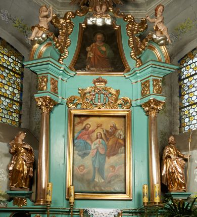 Zdjęcie nr 1: Nastawa ołtarzowa architektoniczna, jednoosiowa, jednokondygnacyjna ze zwieńczeniem, ustawiona na cokole z dwoma prostopadłościennymi postumentami wydzielonymi po bokach, z bramkami w partii cokołu. Ołtarz drewniany, prostopadłościenny, zwężający się ku dołowi, dekorowany z przodu rzeźbionym wieńcem z monogramem Marii, mensa drewniana. Na mensie ustawione tabernakulum w formie drewnianej skrzynki o ściętych przednich narożach, flankowanej parą kolumienek. Drzwiczki w formie stojącego prostokąta dekorowane płyciną. Nastawa ołtarzowa ujęta parą kolumn o stylizowanych kapitelach kompozytowych dźwigających pełne belkowanie, przerwane nad polem środkowym, oraz fragmenty przerwanego, półkolistego przyczółka, na którym klęczą na obłokach dwa putta. Fryz dekorowany ornamentem roślinnym zbliżonym do akantu. W polu głównym wnęka w formie stojącego prostokąta w profilowanej ramie, z obrazem Koronacji Marii. Nad nim medalion utworzony z akantu z monogramem Marii, zwieńczony koroną zamkniętą. Zwieńczenie w formie trapezu, którego brzegi dekorowane są stylizowanym rocaille&#039;m tworzącym uszaki. W polu obraz św. Józefa w formie trapezu o ściętych dolnych narożach, zamkniętego łukiem półkolistym nadwieszonym, w profilowanej ramie, z łukiem częściowo przesłoniętym obłokami z dwoma uskrzydlonymi główkami anielskimi. Nastawa zakończona medalionem z obłoków z Okiem Opatrzności w glorii promienistej. Nastawę flankują bramki w partii cokołu z przejściami w formie stojącego prostokąta zamkniętego łukiem odcinkowym nadwieszonym, zakończone profilowanym gzymsem oraz cokołami dekorowanymi roślinnymi konsolami, na których stoją figury św. Anny i św. Joachima. Struktura polichromowana w kolorze seledynowym, ze złoconymi kolumnami, profilami i  ornamentyką. 
