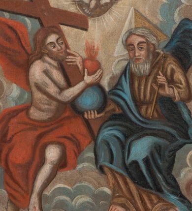 Zdjęcie nr 19: Ołtarz przyścienny, architektoniczny, jednokondygnacyjny ze zwieńczeniem i bramkami. 
Ołtarz prostopadłościenny z mensą wspartą na dwóch tralkach. Antepedium ujęte parą tralek.
Retabulum z uszakami flankowane parą kolumn korynckich o skręcanych trzonach, ustawionych na niskich wysuniętych cokołach. Podpory wspierają odcinki wyłamanego belkowania z architrawem wygiętym w łuk półkolisty. Powyżej belkowania ustawione odcinki wklęsłego przyczółka. 
Zwieńczenie prostopadłościenne z uszakami, zamknięte łukiem nadwieszanym wspieranym przez parę podwójnych pilastrów.
Po bokach ołtarza bramki o wklęsło-wypukłym wykroju z otworami drzwiowymi w kształcie stojącego prostokąta z ćwierćkoliście wklęsłymi górnymi narożami. 
Pole środkowe retabulum w formie wnęki w kształcie prostokąta zamkniętej łukiem nadwieszanym, ujętej podwójnym obramieniem o analogicznym wykroju. We wnęce obraz z przedstawieniem Matki Boskiej z Dzieciątkiem. W antepedium obraz w kształcie leżącego prostokąta z przedstawieniem kielicha z hostią adorowanego przez św. Wojciecha i nieznanego świętego. W zwieńczeniu obraz w kształcie stojącego prostokąta z przedstawieniem Trójcy Świętej ujęty profilowaną ramą.
Nad bramkami, ustawione na cokołach figury św. Wojciecha po prawej oraz św. Stanisława po lewej stronie. Na odcinkach przyczółka ukazane całopostaciowe figury uskrzydlonych aniołków. 
Uszaki ołtarza ażurowe, formowane ze skręconych liści akantu z kwiatami. Wnęka pola środkowego retabulum ujęta szeroką, ażurową ramą formowaną z liści akantu i kwiatów. Poniżej aplikowany monogram maryjny. Po bokach wnęki ornament cekinowy. Poniżej gzymsu ażurowy ornament akantowy. Trzony kolumn oplecione płaskorzeźbioną wicią winorośli. Ścianki cokołów dekorowane płycinami z rzeźbionym liściem akantu. W zwieńczeniu aplikowany rzeźbiony monogram maryjny ujęty wieńcem z koroną. 
Całość struktury ołtarza malowana na jasnobłękitny odcień z marmoryzacją w odcieniach szarości. Profilowania, ornamenty i detal architektoniczny pozłacane.
