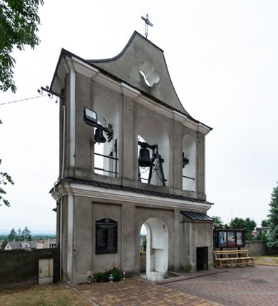 Zdjęcie nr 1: Dzwonnica parawanowa, murowana z cegły i tynkowana, trójosiowa, dwukondygnacyjna ze zwieńczeniem. Usytuowana na niewielkim wzniesieniu, w południowej części muru otaczającego kościół. Od południowego wschodu prowadzą do niej schody, otoczone murem. Dolna kondygnacja na wysokim cokole, jednoprzelotowa z usytuowanym na osi, zamkniętym półkoliście otworem przejściowym, umieszczonym w prostokątnej płycinie. Na jego osi w fasadzie południowej, muszla palmetowa. Osie skrajne z analogicznymi płycinami, w których umieszczono zamknięte półkoliście, głębokie nisze o profilowanych krawędziach. W elewacji od strony kościoła skrajne osie z prostokątnymi płycinami, po prawej, usytuowana niewielka przybudówka kryta dachem pulpitowym, z okratowanym otworem okiennym w przyziemiu. Wąskie elewacje boczne artykułowane prostokątnymi płycinami. Kondygnacja zamknięta bogato profilowanym, wydatnym gzymsem przełamującym się na bocznych krawędziach budynku. Kondygnacja druga trójprzelotowa z umieszczonymi w osiach, zamkniętymi półkoliście otworami, w miejscu których zamontowane dzwony. Elewacje południowa i północna artykułowane za pomocą pilastrów o kapitelach impostowych, łączących się z gzymsem koronującym. Zwieńczenie w kształcie łuku kotarowego o ściętym wierzchołku, z umieszczonym w jego centrum otworem o formie czwórliścia. Całość zwieńczona metalowym krzyżem. Gzymsy oddzielające kondygnacje oraz zwieńczenie kryte blachą. Tynk szary, zróżnicowany kolorystycznie bielą użytą w celu podkreślenia detalu architektonicznego.