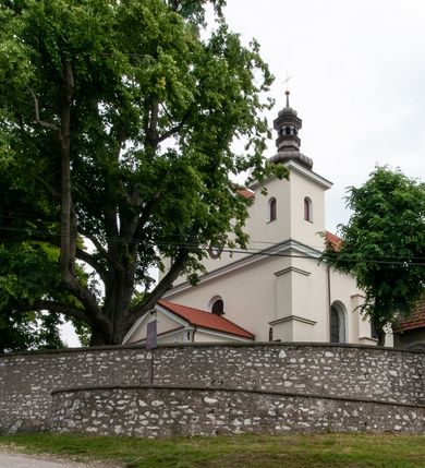 Zdjęcie nr 16: Kościół orientowany, murowany, jednonawowy z prezbiterium zakończonym wielobocznie. Wschodnia część węższa, prostokątna, zachodnia szersza, trójnawowa, halowa. Do prezbiterium od północy przylega zakrystia, do wschodniej części korpusu przybudówka, od zachodu kruchta. Ściany nawy dzielą pilastry. Prezbiterium sklepione krzyżowo, absyda konchowo z lunetami, nawy kolebkowo z lunetami. Od zachodu chór wsparty na dwóch czworobocznych słupach. Jego parapet jest wybrzuszony w części środkowej, ażurowy, zakończony u dołu listwą wycinaną w formie stylizowanych listków. W prezbiterium jedno okno w kształcie stojącego prostokąta zamknięte łukiem pełnym i jedno ślepe, zamknięte łukiem ostrym. Od strony  północnej do zakrystii dwa okna zamknięte łukiem odcinkowym i cztery prostokątne, dwa okna zamknięte łukiem pełnym do zachodniej części nawy; od strony południowej pięć okien zamkniętych łukiem pełnym. Główne wejście od zachodu, drugie od południa, kolejne do  zakrystii, portal z prezbiterium do zakrystii, z czarnego marmuru. Fasada dwuwieżowa, z kruchtą, do której prowadzi ciąg schodów. Kruchta prostopadłościenna, z dachem dwuspadowym, z portalem w kształcie prostokąta zamkniętego łukiem pełnym na osi między oknami powtarzającymi ten kształt. Nad kondygnacją trójkątny przyczółek z krzyżem łacińskim. Fasada dwukondygnacyjna, z wieżami wtopionymi w lico. Pierwsza kondygnacja gładka, flankowana szkarpami, zamknięta gzymsem, druga również niemal gładka, z zegarem na środku i małymi oknami w partii wież. Na osi trójkątny przyczółek. Elewacje obiega cokół, wspierają szkarpy – najgęściej ustawione wokół prezbiterium. Dachy naw dwuspadowe, nad prezbiterium dach zakończony wielobocznie, nad zakrystią pulpitowy; na kalenicy wieżyczka na sygnaturkę, wieże zakończone rozbudowanymi hełmami. 
We wnętrzu na uwagę zasługują chrzcielnica z czarnego marmuru z XVII wieku, obraz św. Izydora w prawym, bocznym ołtarzu według tradycji pędzla Michała Stachowicza i późnobarokowe ołtarze. Prowadzący do zakrystii portal z czarnego marmuru i ołtarz boczny lewy Ukrzyżowania pochodzą, według niektórych przekazów, z krakowskiego kościoła Wszystkich Świętych. 
