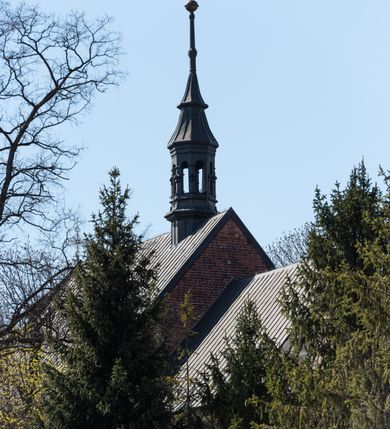 Zdjęcie nr 81: Kościół jest zlokalizowany na wzgórzu, w centrum wsi. Murowany z cegły, w wątku polskim, z zendrówką. Kościół jest orientowany, założony na planie prostokąta, jednonawowy, trójprzęsłowy, z dobudowanymi kruchtami od zachodu i południa. Prezbiterium oddzielone od nawy łukiem tęczowym, dwuprzęsłowe na planie prostokąta, zamknięte prostą ścianą, z dwukondygnacyjną przybudówką zakończoną trójbocznie. Nawa została przykryta sklepieniem sieciowym. Ściana południowa nawy przepruta trzema prostokątnymi oknami, zamkniętymi łukiem ostrym. Okna w nawie i prezbiterium dwudzielne, z sześcioma mniejszymi kwaterami. Przybudówka przy prezbiterium na parterze mieści zakrystię, a na piętrze składzik. Kruchta południowa sklepiona kolebką. Z kruchty do nawy prowadzi ostrołukowy, kamienny portal o dwóch archiwoltach. Kruchta zachodnia, obecnie kaplica św. Franciszka, sklepiona spłaszczoną, ukrytą kopułą na pendentywach. Ściana zachodnia kruchty przepruta dwoma ostrołukowymi oknami i ponad nimi okrągłym oknem. Od południa ostrołukowe wejście. Kościół o zróżnicowanej wysokości nawy i prezbiterium. Ściany opięte szkarpami. Na jednej trzeciej wysokości ścian oraz w zwieńczeniu nawy i prezbiterium profilowany gzyms. Od zachodu wklęsło-wypukły szczyt. Nawa, prezbiterium i dwie kruchty przykryte dachem dwuspadowym. Nad drugim przęsłem prezbiterium wieżyczka na sygnaturkę na planie ośmioboku, z profilowanym gzymsem i latarnią, zwieńczoną hełmem z kulą i krzyżem. Wejście do kościoła od południa i zachodu. Okna nawy i prezbiterium z kamiennym obramieniem. Nad wejściem do kruchty południowej formowany w cegle ostry łuk. Analogiczny łuk nad oknami w ścianie zachodniej i nad blendą w ścianie północnej. W przybudówce do prezbiterium dwie kondygnacje okien zamkniętych łukiem ostrym. W ścianie frontowej prostokątne wejście, a nad nim półkoliście zamknięta wnęka z grupą Ukrzyżowania. 


