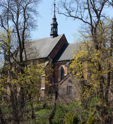 Zdjęcie nr 78: Kościół jest zlokalizowany na wzgórzu, w centrum wsi. Murowany z cegły, w wątku polskim, z zendrówką. Kościół jest orientowany, założony na planie prostokąta, jednonawowy, trójprzęsłowy, z dobudowanymi kruchtami od zachodu i południa. Prezbiterium oddzielone od nawy łukiem tęczowym, dwuprzęsłowe na planie prostokąta, zamknięte prostą ścianą, z dwukondygnacyjną przybudówką zakończoną trójbocznie. Nawa została przykryta sklepieniem sieciowym. Ściana południowa nawy przepruta trzema prostokątnymi oknami, zamkniętymi łukiem ostrym. Okna w nawie i prezbiterium dwudzielne, z sześcioma mniejszymi kwaterami. Przybudówka przy prezbiterium na parterze mieści zakrystię, a na piętrze składzik. Kruchta południowa sklepiona kolebką. Z kruchty do nawy prowadzi ostrołukowy, kamienny portal o dwóch archiwoltach. Kruchta zachodnia, obecnie kaplica św. Franciszka, sklepiona spłaszczoną, ukrytą kopułą na pendentywach. Ściana zachodnia kruchty przepruta dwoma ostrołukowymi oknami i ponad nimi okrągłym oknem. Od południa ostrołukowe wejście. Kościół o zróżnicowanej wysokości nawy i prezbiterium. Ściany opięte szkarpami. Na jednej trzeciej wysokości ścian oraz w zwieńczeniu nawy i prezbiterium profilowany gzyms. Od zachodu wklęsło-wypukły szczyt. Nawa, prezbiterium i dwie kruchty przykryte dachem dwuspadowym. Nad drugim przęsłem prezbiterium wieżyczka na sygnaturkę na planie ośmioboku, z profilowanym gzymsem i latarnią, zwieńczoną hełmem z kulą i krzyżem. Wejście do kościoła od południa i zachodu. Okna nawy i prezbiterium z kamiennym obramieniem. Nad wejściem do kruchty południowej formowany w cegle ostry łuk. Analogiczny łuk nad oknami w ścianie zachodniej i nad blendą w ścianie północnej. W przybudówce do prezbiterium dwie kondygnacje okien zamkniętych łukiem ostrym. W ścianie frontowej prostokątne wejście, a nad nim półkoliście zamknięta wnęka z grupą Ukrzyżowania. 


