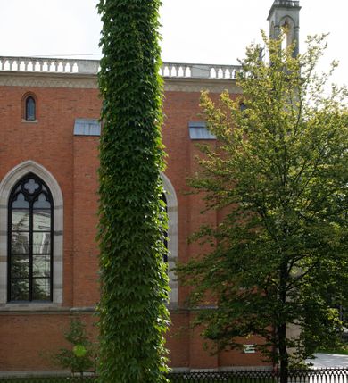 Zdjęcie nr 68: Kościół z cegły i kamienia. Na rzucie krzyża łacińskiego, jednonawowy z wciągniętymi do wnętrza przyporami. Prezbiterium krótkie, zamknięte pięcioma bokami ośmioboku. Korpus jednonawowy, czteroprzęsłowy, po bokach z płytkimi wnękami-kaplicami pomiędzy przyporami, poprzedzony od zach. przedsionkiem. Do pierwszego przęsła dostawione dwie symetryczne, trójboczne kaplice, nad nimi dwie czworoboczne wieże. Zakrystia przy prezbiterium na osi kościoła. Artykulacja ścian wnętrza za pomocą filarów opiętych półkolumnami z kapitelami z motywów liści. Między filarami rozpięte ostrołukowe arkady tworzące płytkie wnęki. Pierwsze przęsło wyróżnione przy pomocy masywnych filarów, ujętych niemal pełnoplastycznymi kolumnami. Okna ostrołukowe, dwudzielne z maswerkami, wsparte na gzymsach. Sklepienia krzyżowo-żebrowe na zaostrzonych gurtach. Kaplice artykułowane analogicznie do nawy kościoła, ze sklepieniami gwiaździstymi. Przedsionek otwiera się do kościoła trzema portalami ostrołukowymi opiętymi kolumnami. W polach archiwolt płaskorzeźby: Boże Narodzenie, Ukrzyżowanie, Wniebowstąpienie (K. Ceptowski).  W prezbiterium, na osi kościoła prostokątny otwór drzwiowy prowadzący do zakrystii. Chór muzyczny umieszczony nad kruchtą kościoła, na rzucie prostokąta, z kamienną balustradą maswerkową. Fasada kamienna, trójosiowa, zamknięta trójkątnie, flankowana lizenami przechodzącymi w ażurowe wieżyczki-latarnie, na rzucie kwadratu. Wieżyczki zwieńczone gzymsem i balustradą arkadową, hełmy ostrosłupowy zakończony iglicą. W dolnej części trzy filarowe arkady ostrołukowe, otwierające się do kruchty, sklepienie kruchty krzyżowo-żebrowe. Nad arkadami wejściowymi trzy tonda: litery IHS, Oko Opatrzności i splecione litery imienia Maria. Pośrodku na osi kościoła duża rozeta z maswerkiem, profilowana, otoczona pierścieniem wypełnionym stylizowanym ornamentem roślinnym. Ponad arkadami pełnoplastyczne figury czterech ewangelistów ustawionych na konsolach z rzeźbionymi atrybutami (F. Kuhn). Po bokach rozety prostokątne płyciny z traczami herbowymi Potockich i Branickich. U góry, na osi fasady figura Archanioła Michała. Elewacje na kamiennym cokole, z gzymsem kapnikowym, opięte prostokątnymi przyporami zwieńczonymi kamiennymi nakrywami. W górnej części kamienny fryz arkadkowy. Nad nim gzyms koronujący podtrzymujący ażurową, arkadową balustradę. Przy prezbiterium kaplice zamknięte trójbocznie, prezbiterium zamknięte pięciobocznie. Zakrystia na osi prezbiterium, na rzucie prostokąta, zwieńczona sygnaturką i ceglanym kominem. Po bokach prostokątne aneksy, południowy aneks - trzy okna ostrołukowe w kamiennej opasce, w środkowym przedstawienie Ukrzyżowanego Chrystusa. W północnym aneksie pojedyncze analogiczne okno. Okna ostrołukowe w profilowanych kamiennych opaskach, pomiędzy nimi a gzymsem koronującym mniejsze ostrołukowe w uskokowych arkadach. Nad kaplicami bocznymi dwie symetryczne wieże na rzucie kwadratu, w połowie wysokości kamienny gzyms z fryzem arkadkowym. Okna ostrołukowe w kamiennej opasce. Całość zwieńczona ślepym fryzem arkadkowym, wyżej gzyms dźwigający ażurową arkadkową balustradę. Hełmy ostrosłupowe, miedziane. Zakrystia na rzucie prostokąta, nakryta sklepieniem kolebkowym zaostrzonym i krzyżowym z lunetami , oddzielone gurtem. Portale od wschodu i zachodu prostokątne zamknięte łukiem ostrym. Okna ostrołukowe.