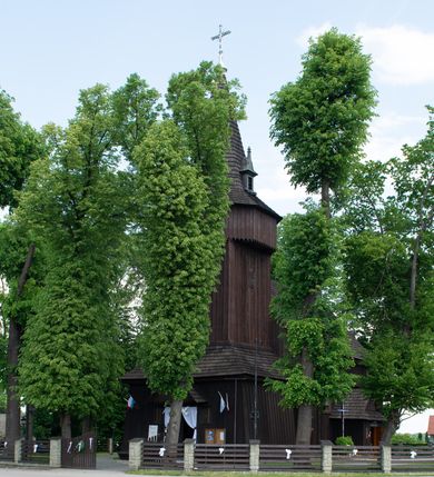 Zdjęcie nr 18: Kościół św. Jakuba w Palczowicach został wybudowany w roku 1894 w miejsce wcześniejszego kościoła z roku 1498. Kościół halowy, na kamiennej podmurówce, wzniesiony z drewna.  Kościół jest jednonawowy, orientowany.  Po jego zachodniej stronie szeroka, czworoboczna wieża nakryta ośmiobocznym hełmem. Pod hełmem również ośmioboczny szeroki, drewniany kandelabr. Hełm strzelisty, kryty gontem, zwieńczony metalowym krzyżem. Z czterech stron hełmu metalowe wykusze okienne  ze stylizowanymi sterczynami. Po czterech stronach korpusu wieży w jego wysokości małe otwory okienne  zwieńczone ostrokątnie. Korpus halowy nakryty dwuspadowym dachem z gontu.  We wschodniej części dachu ośmioboczna metalowa sygnaturka również zwieńczona krzyżem. Jej hełm strzelisty z pokryciem metalowym. W korpusie od południa i północy po dwa prostokątne otwory okienne z bliźniaczymi zamkniętymi ostrołukowo kwaterami. Prezbiterium niższe i węższe w stosunku do nawy, kryte osobnym, dwuspadowym dachem gontowym, zamknięte trójbocznie. Po południowej stronie prezbiterium dwa otwory okienne analogiczne do zlokalizowanych w nawie. Po północnej stronie prezbiterium dobudowana murowana, tynkowana zakrystia z dachem jednospadowym, krytym blachą.  W zakrystii jeden czworokątny otwór okienny i osobne wejście po stronie wschodniej. Nad głównym wejściem do kościoła, z czworobocznymi, dwuskrzydłowymi drzwiami  wysunięte dwuspadowe zadaszenie Po bokach drzwi w połowie ich wysokości symetrycznie ułożone, czworokątne otwory okienne. Do południowej ściany nawy głównej przylegająca drewniana kruchta na planie prostokątnym z dwuspadowym zadaszeniem zwieńczonym krzyżem. Po obu stronach drzwi otwory okienne zwieńczone ostrokątnie.