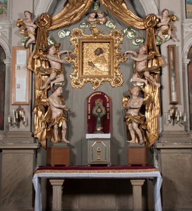 Zdjęcie nr 73: Kaplica zbudowana została na planie kwadratu i nakryta wzniesioną na pendentywach kopułą z latarnią. Przylega do kościoła od północy, do pierwszego przęsła nawy, z którą komunikuje się zamkniętym półkoliście przejściem. Wnętrze artykułowane jest w oparciu o schemat starożytnego łuku triumfalnego za pomocą osadzonych na wysokim cokole pilastrów z kompozytowymi głowicami. Pilastry podtrzymują wydatne belkowanie, ozodbione dekoracją stiukową w postaci puttów, festonów owocowych, rozet oraz kartuszy. Równocześnie pilastry ujmują półkoliste arkady, dwie niższe i większą, środkową. Niższe arkady wypełniają obrazy ze scenami z życia św. Karola Boromeusza. Ponad nimi w prostokątnych, stiukowych, obramieniach znajdują się malowane przedstawienia różnych świętych. W środkowej arkadzie ściany północnej umieszczono okazały późnobarokowy ołtarz z cudownym wizerunkiem św. Karola Boromeusza. Z kolei w arkadach wschodniej i zachodniej rozmieszczono prostokątne okna. Poniżej okna w arkadzie zachodniej znajduje się wyjście na zewnątrz kaplicy zaopatrzone w metalowe, prostokątne drzwi. Natomiast pod oknem w ścianie wschodniej zawieszono tablicę pamiątkową ku czci papieża Jana Pawła II. Arkadę wejściową do kaplicy zamyka prostokątna, brązowa krata. W jej podłuczu od wnętrza na wzór tympanonu umieszczono stiukowy kartusz z herbem Szreniawa, podtrzymywany przez dwa anioły. Ściany tarczowe podniebia przepruto czworobocznymi oknami ujętymi w stiukowe obramienia wolutowe. Na pendentywach przedstawiono w czterech stiukowych kartuszach herby: Szreniawa, Gryf i Kotwicz. Czwarty kartusz jest pusty. Czaszę kopuły wypełnia iluzjonistycznie malowana architektura podzielona na dwie strefy. Dolną artykułują pary pilastrów ujmujące okulusy oraz tralkowa balustrada, a górną gurty wyznaczające pola dla dekoracji ornamentalnej. Ściany zewnętrzne kaplicy zostały podzielone za pomocą kamiennych gzymsów i lizen na dwie trójosiowe kondygnacje, z których górna odpowiada wysokością smukłemu cokołowi mieszczącemu wejście. Zewnętrzne pola każdej elewacji dekorowane są płaskimi pasami tynku w układzie wzoru geometrycznego, zbliżonego do okuciowego. Okna i portal zostały ujęte w profilowane kamienne obramienia. Na ścianie północnej w środkowej kondygnacji pod kartuszem z herbem Szreniawa umieszczono tablicę fundacyjną z napisem: STANISLAUS COMES IN WIŚNICZ LUBOMIRSKI / PALATINUS ET GENERALIS CRACOVIEN[SIS] / SCEPUSIEN[SIS], BIALLOCERKIEVIEN[SIS] / ZATHORIEN[SIS], NIEPOLOMICIEN[SIS] E[T]C[ETER]A, E[T]C[ETER]A, CAPITANEUS / CAPELLAM HANC, / S[ANCTO] CAROLO BARRHOMAEO SUO TUTELARI PATRONO / POST RECEPTA SA[N]CTI HUIUS MERITIS TOT BENEFICIA / DICATAM / EX FUNDAMENTIS EREXIT, DONAVIT / EXORNAVIT, / ANNO D[O]MI[NI], 1640 (Stanisław hrabia na Wiśniczu Lubomirski wojewoda i starosta generalny krakowski, starosta spiski, białocerkiewski, zatorski, niepołomicki, i tak dalej, i tak dalej, tę kaplicę, poświęconą św. Karolowi Boromeuszowi, swojemu patronowi opiekuńczemu, po otrzymaniu tak wielkich łask za wstawiennictwem tego świetego, od fundamentów wzniósł, uposażył i ozdobił, roku Pańskiego 1640). Dach kaplicy oraz latarnia pokryte są blachą miedzianą.
