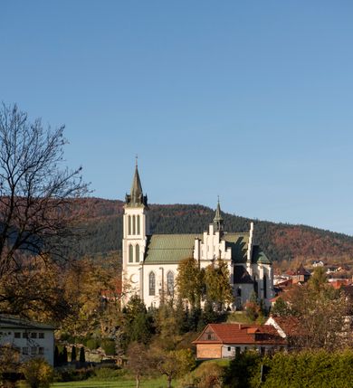 Zdjęcie nr 29: Kościół św. Michała Archanioła jest usytuowany na wysokim wzniesieniu w centrum Mszany Dolnej, na północ od głównej drogi z Raby Niżnej do Kasiny Wielkiej. Teren przykościelny jest otoczony wysokim murem posadowionym na kamiennej podmurówce oraz słupkach z nieregularnych ciosów kamienia i z żeliwnym płotem. W części północnej muru zlokalizowana jest szeroka brama, a od strony południowo-wschodniej na teren przykościelny prowadzą wysokie schody i bramka w murze. 

Kościół jest orientowany, murowany, otynkowany, jednonawowy na rzucie krzyża łacińskiego z czworoboczną wieżą w fasadzie. Wnętrze tworzy wydłużone, zamknięte pięciobocznie, dwuprzęsłowe prezbiterium, które oddziela ściana arkady tęczowej. Nawa jest szersza, czteroprzęsłowa, nakryta sklepieniem krzyżowo-żebrowym. Ramiona transeptu zwyczajowo zwane kaplicami są jednoprzęsłowe, otwarte szerokimi arkadami do nawy. Sklepienie nad skrzyżowaniem nawy z transeptem gwiaździste. Prezbiterium z nawą są połączone szeroką, ostrołukową arkadą w ścianie tęczowej. Od północy i od południa do prezbiterium przylegają dwie zakrystie na planie prostokąta, zamknięte trójbocznie. Wejście do zakrystii zaznaczone wysoką ostrołukową arkadą. Na zachodniej ścianie nawy chór muzyczny, wsparty na dwóch kolumnach, dostępny klatką schodową od nawy. 

Nawę oświetlają umieszczone w południowych i północnych ścianach prostokątne, zamknięte ostrołukowo okna, takie same znajdują się w prezbiterium; w wieży okno koliste w pierwszej kondygnacji, a w wyższych ostrołukowe wąskie okienka zamknięte żaluzjami. Wszystkie okna w nawie i prezbiterium wypełnione są witrażami lub ozdobnymi przeszkleniami. Do kościoła prowadzi główne wejście od strony zachodniej oraz dwa mniejsze w przybudówkach przy zakrystiach.

W zewnętrznej elewacji kościoła widoczny jest niewysoki kamienny cokół, otynkowany. Prezbiterium, niższe od nawy, oszkarpowane. Nawa również oszkarpowana, nakryta dachem dwuspadowym z wieżą na sygnaturkę na skrzyżowaniu nawy z transeptem. Ramiona transeptu od strony północnej i południowej, a także nawa od strony wschodniej zakończone są wysokim szczytami schodkowymi, ze ścianami ozdobionymi ostrołukowymi blendami. Na zachodnim zakończeniu nawy znacznie niższy szczyt schodkowy. Do zachodniej fasady kościoła dostawiona jest wysoka założona na planie kwadratu wieża-dzwonnica w narożach wzmocniona kamiennymi szkarpami. W dolnej kondygnacji, na osi kościoła, prostokątne wejście do kruchty zaakcentowane dwoma stopniami oraz przedsionkiem w kształcie ostrołukowej arkady, zamkniętej dodatkowo trójkątnym szczytem pokrytym blaszanym daszkiem; powyżej rozglifione koliste okno. Po lewej stronie wejścia do kościoła w płytkiej wnęce umieszczone jest popiersie księdza Józefa Stabrawy z tablicą pamiątkową. 

