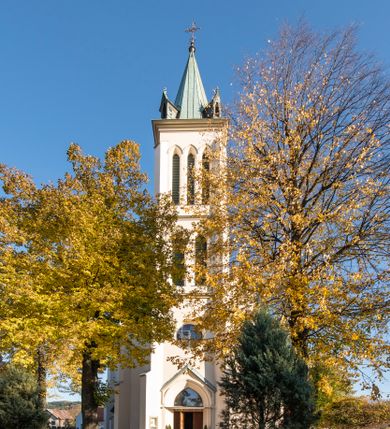 Zdjęcie nr 65: Kościół św. Michała Archanioła jest usytuowany na wysokim wzniesieniu w centrum Mszany Dolnej, na północ od głównej drogi z Raby Niżnej do Kasiny Wielkiej. Teren przykościelny jest otoczony wysokim murem posadowionym na kamiennej podmurówce oraz słupkach z nieregularnych ciosów kamienia i z żeliwnym płotem. W części północnej muru zlokalizowana jest szeroka brama, a od strony południowo-wschodniej na teren przykościelny prowadzą wysokie schody i bramka w murze. 

Kościół jest orientowany, murowany, otynkowany, jednonawowy na rzucie krzyża łacińskiego z czworoboczną wieżą w fasadzie. Wnętrze tworzy wydłużone, zamknięte pięciobocznie, dwuprzęsłowe prezbiterium, które oddziela ściana arkady tęczowej. Nawa jest szersza, czteroprzęsłowa, nakryta sklepieniem krzyżowo-żebrowym. Ramiona transeptu zwyczajowo zwane kaplicami są jednoprzęsłowe, otwarte szerokimi arkadami do nawy. Sklepienie nad skrzyżowaniem nawy z transeptem gwiaździste. Prezbiterium z nawą są połączone szeroką, ostrołukową arkadą w ścianie tęczowej. Od północy i od południa do prezbiterium przylegają dwie zakrystie na planie prostokąta, zamknięte trójbocznie. Wejście do zakrystii zaznaczone wysoką ostrołukową arkadą. Na zachodniej ścianie nawy chór muzyczny, wsparty na dwóch kolumnach, dostępny klatką schodową od nawy. 

Nawę oświetlają umieszczone w południowych i północnych ścianach prostokątne, zamknięte ostrołukowo okna, takie same znajdują się w prezbiterium; w wieży okno koliste w pierwszej kondygnacji, a w wyższych ostrołukowe wąskie okienka zamknięte żaluzjami. Wszystkie okna w nawie i prezbiterium wypełnione są witrażami lub ozdobnymi przeszkleniami. Do kościoła prowadzi główne wejście od strony zachodniej oraz dwa mniejsze w przybudówkach przy zakrystiach.

W zewnętrznej elewacji kościoła widoczny jest niewysoki kamienny cokół, otynkowany. Prezbiterium, niższe od nawy, oszkarpowane. Nawa również oszkarpowana, nakryta dachem dwuspadowym z wieżą na sygnaturkę na skrzyżowaniu nawy z transeptem. Ramiona transeptu od strony północnej i południowej, a także nawa od strony wschodniej zakończone są wysokim szczytami schodkowymi, ze ścianami ozdobionymi ostrołukowymi blendami. Na zachodnim zakończeniu nawy znacznie niższy szczyt schodkowy. Do zachodniej fasady kościoła dostawiona jest wysoka założona na planie kwadratu wieża-dzwonnica w narożach wzmocniona kamiennymi szkarpami. W dolnej kondygnacji, na osi kościoła, prostokątne wejście do kruchty zaakcentowane dwoma stopniami oraz przedsionkiem w kształcie ostrołukowej arkady, zamkniętej dodatkowo trójkątnym szczytem pokrytym blaszanym daszkiem; powyżej rozglifione koliste okno. Po lewej stronie wejścia do kościoła w płytkiej wnęce umieszczone jest popiersie księdza Józefa Stabrawy z tablicą pamiątkową. 

