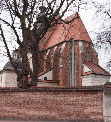 Zdjęcie nr 15: Kościół położony na południe od rynku, na placu otoczonym kamiennym murem z dwiema bramkami od zachodu i północy oraz bramką od południa. Kościół jednonawowy, dwuprzęsłowy, z węższym, niższym dwuprzęsłowym prezbiterium zamkniętym pięciobocznie. Do prezbiterium przylegają dwa aneksy, od północy dawna zakrystia (obecnie kaplica świętych Męczennic), zamknięta od wschodu dwubocznie, mająca w narożu z korpusem wieżyczkę schodową, a od południa zakrystia nowa, na planie prostokąta. Do nawy przylegają dwie kaplice: od północy kaplica Lubomirskich, założona na rzucie kwadratu, nakryta kopułą, a od południa kaplica Branickich, także na rzucie kwadratu z kopułą. Przy korpusie od zachodu piętrowa kruchta, pierwotnie otwarta w przyziemiu od północy, zachodu i południa ostrołukowymi arkadami. Arkada tęczy ostrołukowa. Sklepienie prezbiterium, zakrystii i obu kondygnacjach kruchty krzyżowo-żebrowe, w korpusie, pierwotnie trójprzęsłowym, pierwotnie sklepienie o polach trójkątnych z trójpromieniem, wsparte na dwóch dziesięciobocznych filarach, obecnie kolebkowo z lunetami. Żebra w prezbiterium i zakrystii o profilu żłobkowym, w kruchcie - gruszkowym. W prezbiterium służki cylindryczne, nadwieszone na oplecionych liśćmi wspornikach oraz rzeźbione zworniki z przedstawieniem Głowy Chrystusa i motywami roślinnymi. Ściany rozczłonkowane wykonanymi w czarnego marmuru arkadami, zamkniętymi łukiem półkolistymi. Okna ostrołukowe , obustronnie rozglifione z krzyżowym laskowaniem, w ścianie północnym prezbiterium ślepe. Kościół opięty przyporami. Elewacje na cokole, z profilowanymi gzymsami cokołowymi, kapnikowym i koronującym. Szczyty zwieńczone kwiatonami, z których zachodnie z krzyżem. Portale kamienne, ostrołukowe: zachodni profilowany, z ażurowym maswerkiem; drugi w prezbiterium do zakrystii, profilowany; trzeci do wieżyczki schodowej.