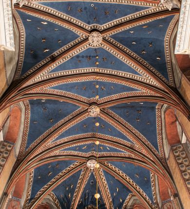 Zdjęcie nr 85: Kościół położony na południe od rynku, na placu otoczonym kamiennym murem z dwiema bramkami od zachodu i północy oraz bramką od południa. Kościół jednonawowy, dwuprzęsłowy, z węższym, niższym dwuprzęsłowym prezbiterium zamkniętym pięciobocznie. Do prezbiterium przylegają dwa aneksy, od północy dawna zakrystia (obecnie kaplica świętych Męczennic), zamknięta od wschodu dwubocznie, mająca w narożu z korpusem wieżyczkę schodową, a od południa zakrystia nowa, na planie prostokąta. Do nawy przylegają dwie kaplice: od północy kaplica Lubomirskich, założona na rzucie kwadratu, nakryta kopułą, a od południa kaplica Branickich, także na rzucie kwadratu z kopułą. Przy korpusie od zachodu piętrowa kruchta, pierwotnie otwarta w przyziemiu od północy, zachodu i południa ostrołukowymi arkadami. Arkada tęczy ostrołukowa. Sklepienie prezbiterium, zakrystii i obu kondygnacjach kruchty krzyżowo-żebrowe, w korpusie, pierwotnie trójprzęsłowym, pierwotnie sklepienie o polach trójkątnych z trójpromieniem, wsparte na dwóch dziesięciobocznych filarach, obecnie kolebkowo z lunetami. Żebra w prezbiterium i zakrystii o profilu żłobkowym, w kruchcie - gruszkowym. W prezbiterium służki cylindryczne, nadwieszone na oplecionych liśćmi wspornikach oraz rzeźbione zworniki z przedstawieniem Głowy Chrystusa i motywami roślinnymi. Ściany rozczłonkowane wykonanymi w czarnego marmuru arkadami, zamkniętymi łukiem półkolistymi. Okna ostrołukowe , obustronnie rozglifione z krzyżowym laskowaniem, w ścianie północnym prezbiterium ślepe. Kościół opięty przyporami. Elewacje na cokole, z profilowanymi gzymsami cokołowymi, kapnikowym i koronującym. Szczyty zwieńczone kwiatonami, z których zachodnie z krzyżem. Portale kamienne, ostrołukowe: zachodni profilowany, z ażurowym maswerkiem; drugi w prezbiterium do zakrystii, profilowany; trzeci do wieżyczki schodowej.