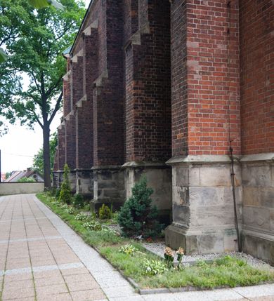 Zdjęcie nr 9: Kościół orientowany, murowany, trójnawowy, czteroprzęsłowy, z jednoprzęsłowym prezbiterium zakończonym wielobocznie. Do prezbiterium dostawione symetrycznie aneksy, od zachodu kruchta, w przyziemiu wieża flankowana dwiema klatkami schodowymi (pomieszczeniem gospodarczym?). Nawy oddzielone od siebie masywnymi filarami opilastrowanymi, z uproszczonymi kapitelami, podtrzymującymi arkady. Nawy i prezbiterium nakryte sklepieniem krzyżowym na gurtach, pięcioboczne zamknięcie prezbiterium sklepieniem parasolowatym. Nawę i prezbiterium oświetlają wysokie, prostokątne okna zakończone półkoliście z oknami trójrzędowymi dwuosiowymi, zakończonymi maswerkami. Układ komunikacyjny zaznaczony kamiennymi portalami o sfazowanych węgarach. Do kościoła prowadzą duże prostokątne drzwi, w kruchcie zakończone półkoliście. Tam też prostokątne wejścia do aneksów bocznych. W południowo-zachodniej ścianie prostokątne wejście zamknięte ściętym łukiem nadwieszonym. Takie samo wejście do aneksu południowego przy prezbiterium. Do aneksu północnego przy prezbiterium prostokątne wejście zamknięte łukiem odcinkowym, ujęte kamiennym portalem, zamkniętym półkoliście. Wejście w ścianie nawy południowej zaznaczone kamiennym portalem zamkniętym łukiem ostrym. W skrajnym przęśle nawy od zachodu chór muzyczny wsparty na dwóch filarach międzynawowych. W części chóru nad kruchtą wnęka otwarta kamienną rozetą. Fasada kościoła trójosiowa, dwukondygnacyjna, ujęta szkarpami z uskokami. Szkarpy z uskokami wydzielają także środkową oś fasady. W jej dolnej kondygnacji znajduje się kamienny portal główny, ujęty uskokowo ustawionymi półkolumnami i zakończony półkolistym tympanonem wypełnionym płaskorzeźbą ze sceną Zesłania Ducha Świętego. Powyżej wypełniona maswerkiem rozeta w profilowanej ramie. Między nią a biforium niewielki herb rodziny Potockich. Szczyt dekoruje fryz arkadkowy. W osiach bocznych wysokie, dwudzielne okna z maswerkiem. Budynek ustawiony na kamiennym cokole, oszkarpowany, z kamiennymi detalami, dekorowany fryzem arkadkowym, z otwartym od zewnątrz obejściem prezbiterium. W obejściu płaskorzeźbiona grupa Ukrzyżowania. Dachy kryte blachą – nawy i wieży dwuspadowe, przybudówek przy prezbiterium pulpitowe, nad obejściem i prezbiterium wieloboczne. Na kalenicy wieżyczka na sygnaturkę z latarnią i wielobocznym dachem. 