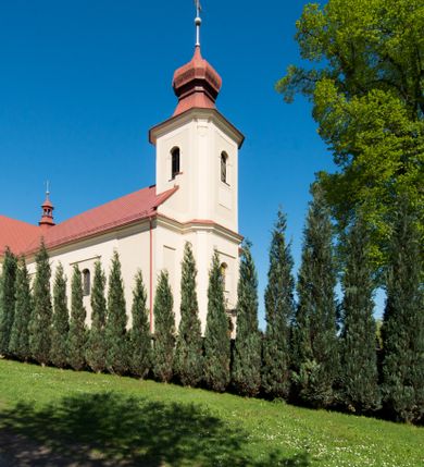 Zdjęcie nr 12: Kościół murowany, jednonawowy, z wieżą częściowo wtopioną w elewację zachodnią składający się z nawy, transeptu, zakrystii od północy z mieszczącym się na piętrze skarbcem i przystawionej od wschodu wieżyczki klatki schodowej oraz kruchty od południa. Prezbiterium dwuprzęsłowe, zamknięte trójbocznie. Nawa główna podzielona masywnymi opilastrowanymi filarami. Sklepienie prezbiterium i nawy kolebkowe z lunetami, skrzyżowania z transeptem. Od południa chór muzyczny mieszczący się między pierwszymi filarami i powyżej kruchty wejściowej. W prezbiterium okna w każdym przęśle, po każdej stronie nawy po dwa, w transepcie po trzy, w kruchcie dwa. Główne wejście od zachodu, kolejne do zakrystii i od południa. Ściany i sklepienia kościoła pokrywa polichromia złożona z geometryzujących dekoracji floralnych. 
Wschodnią elewację frontową kościoła tworzy trójosiowa, wieżowa fasada. Oś kompozycji stanowi wysunięta ryzalitowo dwukondygnacyjna wieża ze ściętymi narożami, które zaakcentowane są poprzez pilastry. Ściana czołowa wieży wypełniona w pierwszej kondygnacji wklęsłą płyciną, z portalem o wykroju prostokątnym, z odcinkiem gzymsu w zwieńczeniu. Ponad nim prostokątne okno zakończone łukiem pełnym. Kondygnacje rozdzielone za pomocą masywnego gzymsu. Druga kondygnacja wieży wypełniona analogicznie prostokątną płyciną, w którą wkomponowany jest wypukły panel w kształcie leżącego prostokąta. Nad nim okno o obramieniu i wykroju identycznym jak w kondygnacji niższej. Całość zwieńczona za pomocą gzymsu podokapowego i baniastego hełmu wieżowego o ściętych narożach, na które nałożona jest kopułka w formie cebulastej. Osie boczne cofnięte w stosunku do wysuniętej wieży i zrytmizowane podziałem ramowym. Tak jak w osi głównej pierwsza kondygnacja wypełniona jest wklęsłą płyciną w formie wydłużonego, stojącego prostokąta. Nad gzymsem trójkątny spływ przysłonięty wieżą. Elewacje boczne i tylna ukształtowane jednorodnie. Zrytmizowane podziałem ramowym i przeprute oknami umieszczonymi w prostokątnych płycinach. Ramiona transeptu oraz prezbiterium zrytmizowane są za pomocą pilastrów załamanych na narożach. Od południa do korpusu przylega niska kruchta. Prowadzi do niej wejście o wykroju prostokątnym z profilowanym w tynku portalem i z odcinkiem gzymsu w zwieńczeniu. Od północy pomiędzy prezbiterium, a ramieniem transeptu wprowadzona została piętrowa przybudówka zakrystii. W elewacji tej partii kościoła brak jest znaczących podziałów. Okna i drzwi tam się znajdujące mają formę stojącego prostokąta i pozbawione są jakichkolwiek obramień. Kościół pokryty dwuspadowym, jednokalenicowym dachem, nad zakrystią i kruchtami umieszczono daszki dwuspadowe. Wieża nakryta jest hełmem cebulastym. Całość pokryta została malowaną blachą.
