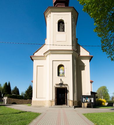 Zdjęcie nr 1: Kościół murowany, jednonawowy, z wieżą częściowo wtopioną w elewację zachodnią składający się z nawy, transeptu, zakrystii od północy z mieszczącym się na piętrze skarbcem i przystawionej od wschodu wieżyczki klatki schodowej oraz kruchty od południa. Prezbiterium dwuprzęsłowe, zamknięte trójbocznie. Nawa główna podzielona masywnymi opilastrowanymi filarami. Sklepienie prezbiterium i nawy kolebkowe z lunetami, skrzyżowania z transeptem. Od południa chór muzyczny mieszczący się między pierwszymi filarami i powyżej kruchty wejściowej. W prezbiterium okna w każdym przęśle, po każdej stronie nawy po dwa, w transepcie po trzy, w kruchcie dwa. Główne wejście od zachodu, kolejne do zakrystii i od południa. Ściany i sklepienia kościoła pokrywa polichromia złożona z geometryzujących dekoracji floralnych. 
Wschodnią elewację frontową kościoła tworzy trójosiowa, wieżowa fasada. Oś kompozycji stanowi wysunięta ryzalitowo dwukondygnacyjna wieża ze ściętymi narożami, które zaakcentowane są poprzez pilastry. Ściana czołowa wieży wypełniona w pierwszej kondygnacji wklęsłą płyciną, z portalem o wykroju prostokątnym, z odcinkiem gzymsu w zwieńczeniu. Ponad nim prostokątne okno zakończone łukiem pełnym. Kondygnacje rozdzielone za pomocą masywnego gzymsu. Druga kondygnacja wieży wypełniona analogicznie prostokątną płyciną, w którą wkomponowany jest wypukły panel w kształcie leżącego prostokąta. Nad nim okno o obramieniu i wykroju identycznym jak w kondygnacji niższej. Całość zwieńczona za pomocą gzymsu podokapowego i baniastego hełmu wieżowego o ściętych narożach, na które nałożona jest kopułka w formie cebulastej. Osie boczne cofnięte w stosunku do wysuniętej wieży i zrytmizowane podziałem ramowym. Tak jak w osi głównej pierwsza kondygnacja wypełniona jest wklęsłą płyciną w formie wydłużonego, stojącego prostokąta. Nad gzymsem trójkątny spływ przysłonięty wieżą. Elewacje boczne i tylna ukształtowane jednorodnie. Zrytmizowane podziałem ramowym i przeprute oknami umieszczonymi w prostokątnych płycinach. Ramiona transeptu oraz prezbiterium zrytmizowane są za pomocą pilastrów załamanych na narożach. Od południa do korpusu przylega niska kruchta. Prowadzi do niej wejście o wykroju prostokątnym z profilowanym w tynku portalem i z odcinkiem gzymsu w zwieńczeniu. Od północy pomiędzy prezbiterium, a ramieniem transeptu wprowadzona została piętrowa przybudówka zakrystii. W elewacji tej partii kościoła brak jest znaczących podziałów. Okna i drzwi tam się znajdujące mają formę stojącego prostokąta i pozbawione są jakichkolwiek obramień. Kościół pokryty dwuspadowym, jednokalenicowym dachem, nad zakrystią i kruchtami umieszczono daszki dwuspadowe. Wieża nakryta jest hełmem cebulastym. Całość pokryta została malowaną blachą.
