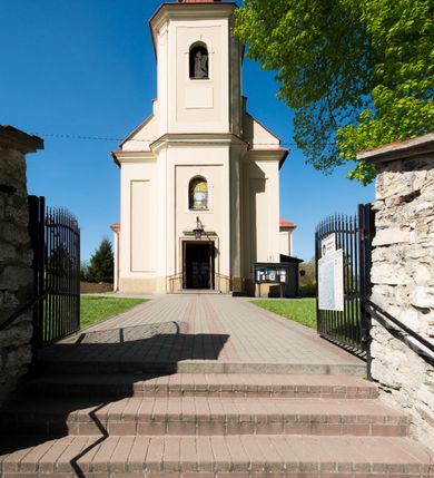 Zdjęcie nr 2: Kościół murowany, jednonawowy, z wieżą częściowo wtopioną w elewację zachodnią składający się z nawy, transeptu, zakrystii od północy z mieszczącym się na piętrze skarbcem i przystawionej od wschodu wieżyczki klatki schodowej oraz kruchty od południa. Prezbiterium dwuprzęsłowe, zamknięte trójbocznie. Nawa główna podzielona masywnymi opilastrowanymi filarami. Sklepienie prezbiterium i nawy kolebkowe z lunetami, skrzyżowania z transeptem. Od południa chór muzyczny mieszczący się między pierwszymi filarami i powyżej kruchty wejściowej. W prezbiterium okna w każdym przęśle, po każdej stronie nawy po dwa, w transepcie po trzy, w kruchcie dwa. Główne wejście od zachodu, kolejne do zakrystii i od południa. Ściany i sklepienia kościoła pokrywa polichromia złożona z geometryzujących dekoracji floralnych. 
Wschodnią elewację frontową kościoła tworzy trójosiowa, wieżowa fasada. Oś kompozycji stanowi wysunięta ryzalitowo dwukondygnacyjna wieża ze ściętymi narożami, które zaakcentowane są poprzez pilastry. Ściana czołowa wieży wypełniona w pierwszej kondygnacji wklęsłą płyciną, z portalem o wykroju prostokątnym, z odcinkiem gzymsu w zwieńczeniu. Ponad nim prostokątne okno zakończone łukiem pełnym. Kondygnacje rozdzielone za pomocą masywnego gzymsu. Druga kondygnacja wieży wypełniona analogicznie prostokątną płyciną, w którą wkomponowany jest wypukły panel w kształcie leżącego prostokąta. Nad nim okno o obramieniu i wykroju identycznym jak w kondygnacji niższej. Całość zwieńczona za pomocą gzymsu podokapowego i baniastego hełmu wieżowego o ściętych narożach, na które nałożona jest kopułka w formie cebulastej. Osie boczne cofnięte w stosunku do wysuniętej wieży i zrytmizowane podziałem ramowym. Tak jak w osi głównej pierwsza kondygnacja wypełniona jest wklęsłą płyciną w formie wydłużonego, stojącego prostokąta. Nad gzymsem trójkątny spływ przysłonięty wieżą. Elewacje boczne i tylna ukształtowane jednorodnie. Zrytmizowane podziałem ramowym i przeprute oknami umieszczonymi w prostokątnych płycinach. Ramiona transeptu oraz prezbiterium zrytmizowane są za pomocą pilastrów załamanych na narożach. Od południa do korpusu przylega niska kruchta. Prowadzi do niej wejście o wykroju prostokątnym z profilowanym w tynku portalem i z odcinkiem gzymsu w zwieńczeniu. Od północy pomiędzy prezbiterium, a ramieniem transeptu wprowadzona została piętrowa przybudówka zakrystii. W elewacji tej partii kościoła brak jest znaczących podziałów. Okna i drzwi tam się znajdujące mają formę stojącego prostokąta i pozbawione są jakichkolwiek obramień. Kościół pokryty dwuspadowym, jednokalenicowym dachem, nad zakrystią i kruchtami umieszczono daszki dwuspadowe. Wieża nakryta jest hełmem cebulastym. Całość pokryta została malowaną blachą.
