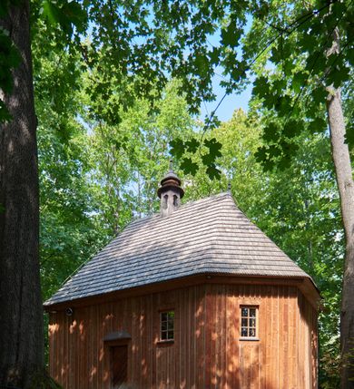 Zdjęcie nr 3: Kaplica św. Otylii i Łucji w Wilkowie usytuowana jest przy skrzyżowaniu dróg na stromym, kilkumetrowym wzniesieniu. Teren wokół obiektu otoczony jest starodrzewiem i zaroślami. Kaplica jest orientowana, wzniesiona w konstrukcji zrębowej na nowej podmurówce, zbudowana na planie prostokąta, zamknięta od wschodu wielobocznym prezbiterium. Od północy posiada wąską i prostokątną zakrystię. Wewnątrz znajdują się drewniane stropy, w prezbiterium nad ołtarzem jest wycięty niewielki kwadratowy otwór na pomieszczenie zwieńczenia ołtarza głównego. Chór muzyczny drewniany, wsparty na dwóch kolumnach z częścią środkową półkoliście wysuniętą do przodu. 

Do kościoła prowadzą trzy wejścia: pierwsze od strony zachodniej, drugie od strony południowej (oba z nadwieszonymi małymi daszkami, pokrytymi gontem) oraz trzecie od strony wschodniej poprzez zakrystię. Wejście do zakrystii od strony wewnętrznej posiada nadproże wycięte w tzw. ośli grzbiet (przeniesione z wnętrza świątyni). Trzy otwory okienne usytuowane są po jednym: na ścianie południowej, południowo-wschodniej, a także na ścianie północnej zakrystii. Są to okna ościeżnicowe, pojedyncze z zachowanym od strony wewnętrznej fazowaniem ościeży.

Elewacja zewnętrzna przykryta oszalowaniem pionowym z listwami. Dach nad prezbiterium i zakrystią wspólny, wielospadowy, pokryty gontem. Sygnaturka na rzucie sześciokąta o ściankach bocznych z pionowymi otworami, pokryta gontowym daszkiem, zwieńczona krzyżem.