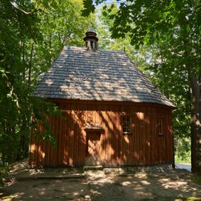 Zdjęcie nr 1: Kaplica św. Otylii i Łucji w Wilkowie usytuowana jest przy skrzyżowaniu dróg na stromym, kilkumetrowym wzniesieniu. Teren wokół obiektu otoczony jest starodrzewiem i zaroślami. Kaplica jest orientowana, wzniesiona w konstrukcji zrębowej na nowej podmurówce, zbudowana na planie prostokąta, zamknięta od wschodu wielobocznym prezbiterium. Od północy posiada wąską i prostokątną zakrystię. Wewnątrz znajdują się drewniane stropy, w prezbiterium nad ołtarzem jest wycięty niewielki kwadratowy otwór na pomieszczenie zwieńczenia ołtarza głównego. Chór muzyczny drewniany, wsparty na dwóch kolumnach z częścią środkową półkoliście wysuniętą do przodu. 

Do kościoła prowadzą trzy wejścia: pierwsze od strony zachodniej, drugie od strony południowej (oba z nadwieszonymi małymi daszkami, pokrytymi gontem) oraz trzecie od strony wschodniej poprzez zakrystię. Wejście do zakrystii od strony wewnętrznej posiada nadproże wycięte w tzw. ośli grzbiet (przeniesione z wnętrza świątyni). Trzy otwory okienne usytuowane są po jednym: na ścianie południowej, południowo-wschodniej, a także na ścianie północnej zakrystii. Są to okna ościeżnicowe, pojedyncze z zachowanym od strony wewnętrznej fazowaniem ościeży.

Elewacja zewnętrzna przykryta oszalowaniem pionowym z listwami. Dach nad prezbiterium i zakrystią wspólny, wielospadowy, pokryty gontem. Sygnaturka na rzucie sześciokąta o ściankach bocznych z pionowymi otworami, pokryta gontowym daszkiem, zwieńczona krzyżem.