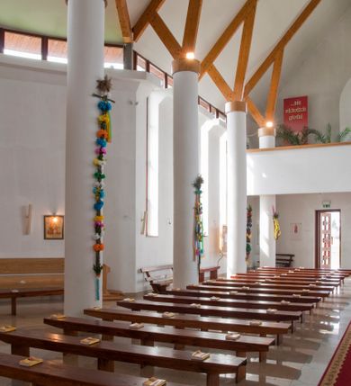 Zdjęcie nr 16: Kościół usytuowany na dużej działce o nieregularnym kształcie.  Świątynia otoczona trawnikiem, w którym wydzielono niewielkie klomby kwiatowe i ciągi komunikacyjne. Kościół orientowany, jednonawowy, jednoprzestrzenny z prezbiterium zamkniętym od zewnątrz szeroką absydą. Ściany boczne nawy od strony wschodniej założone na planie odcinka koła. Wnętrze jednoprzestrzenne, z widoczną konstrukcją otwartej więźby dachowej. Widoczne, drewniane belki wspierające się na 12 kolumnach, ustawionych w dwa rzędy, w układzie powtarzających rytm ścian. Prezbiterium na trójstopniowym wzniesieniu, oddzielone od nawy ścianą tęczową, zamknięte prostą ścianą. Od strony zachodniej chór muzyczny konstrukcji żelbetowej o pełnym, prostym parapecie, wsparty na dwóch okrągłych filarach. Po cztery pionowe okna łączące się w górnych partiach z świetlikiem obiegającym całą nawę. Mury zakończone uproszczonym gzymsem. W północno-zachodnim narożu niewielka kaplica Jana Pawła II, założona na planie koła. Fasada kościoła z trójkątną ścianą szczytową wyłożoną okładziną kamienną z umieszczonym w osi dużym okrągłym oknem, ujęta dwoma betonowymi wieżami na planie koła. W górnej części wieże z prześwitami na dzwony, nakryte strzelistymi, ostrosłupowymi dachami. W przyziemiu portyk wejściowy w formie czterech kolumn dźwigających masywny gzyms z napisem: „KOŚCIÓŁ MATKI BOSKIEJ RÓŻAŃCOWEJ”, powyżej rzeźba Madonny z Dzieciątkiem. 

