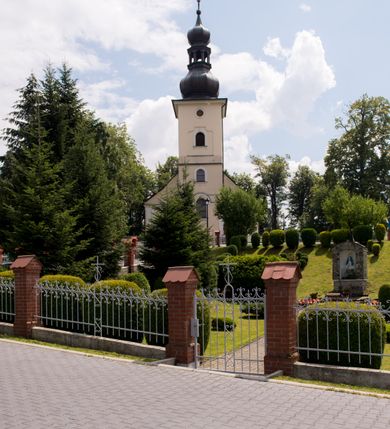 Zdjęcie nr 11: Kościół, zwrócony w kierunku południowo-wschodnim, jest budowlą murowaną z cegły i kamienia, na rzucie podłużnym. Długość bryły wynosi 35, a szerokość 16 metrów. Korpus nawowy jest trójnawowy i czteroprzęsłowy. Stosunkowo szerokie, jednoprzęsłowe, zamknięte półkoliście prezbiterium flankują dwie przyległości, z których jedna jest zakrystią. Na osi kościoła, w przedłużeniu północnego przęsła jest trójkondygnacyjna wieża, ujęta po bokach piętrowymi lokalnościami, lekko wysunięta przed lico fasady. Od zachodu do korpusu przylega kaplica. Nawy przekryte są sklepieniami kolebkowymi wspartymi na filarach o prostokątnym przekroju oraz pilastrach. Przestrzeń prezbiterium od korpusu nawowego oddziela drewniana balustrada. Artykulację ścian na zewnątrz kościoła stanowią osadzone na niewysokim cokole pojedyncze, a w narożach pary lizen wspierających obiegający bryłę fryz, przerwany w partii wieży oraz gzyms. Do wnętrza prowadzą trzy otwory drzwiowe – jeden w elewacji północnej oraz dwa w północnej ścianie kaplicy bocznej. Dwuskrzydłowe drzwi w fasadzie ujęte są profilowanym portalem zamkniętym łukiem odcinkowym zwieńczonym krzyżem. Po bokach wejścia znajduje się para kropielnic. Powyżej otworu drzwiowego usytuowane jest duże okno w kształcie stojącego prostokąta zamkniętego półkoliście, górą ujęte gzymsem. Na wysokości drugiej kondygnacji znajduje się mniejsze okno, zamknięte półkoliście i ujęte prostym obramieniem z kluczem pośrodku oraz parą guttusów pod parapetem. Podobną formę mają cztery okna w ścianach trzeciej kondygnacji wieży, dodatkowo wpisane są one w prostokątne płyciny zamknięte rodzajem łuku kotarowego. W górnej partii wieży znajdują się cztery, okrągłe otwory okienne ujęte prostymi obramieniami zwieńczonymi kluczem. Wieżę wieńczy hełm z osadzoną na cebulastej kopule latarnią zwieńczoną drugą, mniejszą zakończoną krzyżem. Ściany korpusu nawowego i prezbiterium przeprute są prostokątnymi oknami zamkniętymi półkoliście, ujętymi prostym obramieniem z kluczem pośrodku. Okno na zakończeniu prezbiterium jest zamurowane. Okna wypełnione są witrażami, które w prezbiterium zawierają wizerunki Najświętszego Serca Matki Boskiej po prawej i Najświętszego Serca Jezusa po lewej stronie.  Cykl witraży znajduje się także w oknach korpusu, po prawej stronie są to kolejno przedstawienia Matki Boskiej Bolesnej, Boga Ojca, św. Karola Borromeusza i św. Wojciecha, natomiast po lewej stronie – Męża Boleści, Ducha Świętego, św. Jana z Dukli oraz św. Stanisława. Kształt okien korpusu i prezbiterium został powtórzony w kaplicy bocznej, natomiast otwory okienne usytuowane w południowych ścianach przyległości flankujących prezbiterium są w kształcie stojących prostokątów. Korpus nawowy przekryty jest dachem dwuspadowym, wykonanym z blachy. Na wysokości pierwszego przęsła umieszczona jest wieżyczka na sygnaturkę, także obita blachą. Kolorystyka tynków kościoła utrzymana jest w odcieniu jasnożółtym, cokół jest szary natomiast detal architektoniczny jest biały. Plac przykościelny, z wybrukowanymi alejkami i trawnikiem, otoczony jest ogrodzeniem z murowanych słupków i metalowych segmentów.                    