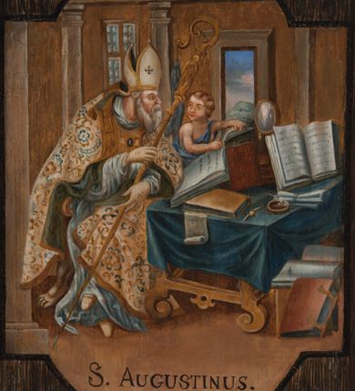 Zdjęcie nr 1: Obraz ma formę stojącego prostokąta. W jego centrum znajduje się prostokątne pole zamknięte górą i dołem przeciwstawnymi łukami segmentowymi nadwieszonymi. W środku wyobrażono św. Augustyna siedzącego za stołem, zwróconego trzy czwarte w lewo z założonymi nogami skierowanymi w przeciwną stronę. Twarz Augustyna okala siwiejący zarost. Ubrany jest we wzorzystą, błękitną kapę zapiętą na piersi, odsłaniającą białą albę, spod której widoczne są trzewiki oraz humerał pod szyją. Na głowie ma infułę z fanonami opadającymi na plecy. Święty w rękach trzyma pastorał z bogato dekorowaną krzywaśnią, na końcu której nienaturalnie wisi błękitny paniselus. Obok świętego za stołem siedzi mały chłopiec, który wskazuje mu otwartą księgę, leżącą na stole. Czworoboczny stół o fantazyjnie powyginanych nogach przykryty jest niebieską tkaniną. Spoczywają na nim księgi, z których jedna jest otwarta. Obok niej widoczne jest lustro oraz przybory pisarskie, a także zwisający rotulus. Dodatkowo dwie księgi, w tym jedna otwarta, leżą obok stołu z lewej strony. Tłem dla przedstawienia jest wnętrze pracowni o ścianach artykułowanych pilastrami, podtrzymującymi gzyms. Tuż za Augustynem widoczne jest czterodzielne prostokątne okno wypełnione gomółkami. Obok z lewej usytuowano otwarte drzwi ujęte w prosty prostokątny portal, za którymi rozpościera się pejzaż. 
