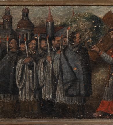 Zdjęcie nr 5: Retabulum św. Karola Boromeusza stanowi nastawę ze zwieńczeniem w formie architektonicznej, jednokondygnacyjną i jednoosiową. Wsparte jest na ośmiobocznej mensie spoczywającej na drewnianym stipesie w formie sarkofagowej, usytuowanym na niskim cokole. Boki stipesu ujmują złocone spływy wolutowe. Malowane antepedium ujęte jest przy górnej i dolnej krawędzi przez dwa pozłacane pasy z motywem małżowinowo-chrząstkowym. Predella retabulum w formie cokołu zawiera podłużne pole o nieregularnym kształcie z przedstawieniem Pokutnej procesji św. Karola Boromeusza w Mediolanie, ujęte po bokach dwoma prostokątnymi cokolikami, na których wspierają się pilastry retabulum. Retabulum jest oddzielone od predelli wąskim, spiętrzonym gzymsem, częściowo pozłacanym. Jego część środkową flankują dwa pilastry z głowicami kompozytowymi, wsparte na prostopadłościennych bazach, w których umieszczono prostokątne płyciny z motywem roślinnym. W centralnej części retabulum umieszczono obraz w formie stojącego prostokąta z przedstawieniem Modlitwy św. Karola Boromeusza. Po bokach nastawy znajdują się dwa uszaki uformowane z wici roślinno-kwiatowej, przedzielonej pośrodku płaskorzeźbionymi przedstawieniami aniołów. Ich zwrócone na zewnątrz sylwetki zostały wkomponowane motywy wolutowe. Anioł po lewej trzyma w prawej dłoni kielich mszalny, a anioł po prawej stronie ołtarza ma wzrok zwrócony w górę. Lewą, zgiętą w łokciu rękę trzyma na piersi, prawą ma wyprostowaną. Obraz jest ujęty w ramę o profilowanych bokach, zdobionych luźnymi motywami roślinnymi w formie stylizowanych liści akantu. Ponad nią widoczne jest profilowane belkowanie, załamane na osi pilastrów, wzbogacone na środku fryzem z motywami roślinnymi. W zwieńczeniu ołtarza umieszczono owalny obraz ze sceną Zamachu na św. Karola Boromeusza, ujęty ornamentem kartuszowym z elementami akantowymi i wolutowymi.