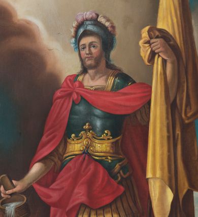 Zdjęcie nr 10: Ołtarz architektoniczny, jednokondygnacyjny, jednoosiowy ze zwieńczeniem. Ołtarz prostopadłościenny, z drewnianą mensą i antepedium w formie płyciny w kształcie leżącego prostokąta. Retabulum na zdwojonym, uskokowym cokole. Dolna partia cokołu, ujmująca z obydwu stron ołtarz, lekko wypukła, górna o podwójnie zryzalitowanych bokach. Część środkowa retabulum ujęta parą zdwojonych pilastrów wspierających lekko wyłamujące się nad nimi belkowanie, w części środkowej w formie odcinkowego łuku nadwieszonego. Zwieńczenie ujęte parą spływów wolutowych wspierających wyłamujący się ponad nimi gzyms w formie półkolistego łuku nadwieszonego. Po bokach zwieńczenia przerwany, półkolisty przyczółek w układzie lustrzanego odbicia. Środkowa część retabulum ujęta parą ażurowych, rocaille&#039;owych uszaków z rozetkami. W górnej partii pilastrów ornament w formie rocaille&#039;owych zwisów z gałązkami z rozetkami. W kluczu łuku belkowania ażurowy, rocaille&#039;owy kartusz. Szczyt zwieńczenia w formie rocaille&#039;owego kartusza z monogramem IHS na ciemnoczerwonym tle. Pole części środkowej retabulum w kształcie stojącego prostokąta zamkniętego uskokowym, półkolistym łukiem nadwieszonym, ujęte profilowaną, złoconą ramą. W środku obraz Najświętsze Serce Jezusa. Na zasuwie obraz ze św. Florianem.  Pole zwieńczenia o lekko wklęsłych bokach i podstawie oraz ściętych dolnych narożach, zamknięte półkolistym łukiem nadwieszonym, ujęte profilowaną, złoconą ramą. W środku obraz Matki Boskiej nauczającej Jezusa.

 Struktura ołtarza polichromowana w pastelowym odcieniu szarozielonym, partie detalu architektonicznego i ornamentyka złocone.

 Na mensie ołtarza znajduje się tabernakulum w kształcie prostopadłościennej szafki o uskokowych bokach i wypukłej części środkowej, zwieńczone wyłamującym się gzymsem w części środkowej w formie łuku odcinkowego. Wnętrze tabernakulum jest obrotowe. Struktura ozdobiona motywami ciągów liści laurowych i trójliści, w środku monogram IHS dołem ujęty skrzyżowaną parą gałązek palmowych z rozetką pośrodku. Struktura polichromowana w pastelowym odcieniu szarozielonym, partie detalu i ornamentyka złocone.