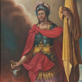 Zdjęcie nr 1: Obraz w kształcie stojącego prostokąta zamkniętego uskokowym, nadwieszonym łukiem półkolistym, ujęty profilowaną, złoconą ramą zawiera  całopostaciowy wizerunek św. Floriana stojącego w lekkim kontrapoście, w trzech czwartych zwróconego w lewo. Owalną twarz charakteryzują delikatne, młodzieńcze rysy i krótki, jasnobrązowy zarost. Długie, jasnobrązowe włosy opadają na plecy. Na głowie hełm z małym pióropuszem. Święty ubrany w zbroję rzymską i czerwony, związany na prawym ramieniu płaszcz. Na nogach wysokie, wiązane sandały. W prawej ręce ma wypełniony wodą cebrzyk, lewą podtrzymuje włócznię z chorągwią. W tle pejzaż płonącego miasta o obniżonej linii horyzontu, szare niebo zasnute wokół ciemnymi, szarobrązowymi chmurami.