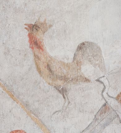 Zdjęcie nr 15: Polichromia ścienna pokrywa całą powierzchnię kaplicy, podczas prac konserwatorskich została odsłonięta powyżej jednej piątej wysokości ściany. Na łuku arkady prowadzącej do kaplicy umieszczono arma Christi. Od dołu, po lewej stronie wejścia: skrzyżowane panoplia (miecz i chorągiew) z podwiązanym na czerwonej wstędze z kokardami popiersiem mężczyzny (św. Pawła?), powyżej piejący kogut. Następnie skrzyżowane topór i włócznia, połączone taką samą wstęgą z kolejnymi arma Christi: skrzyżowanymi drabiną i gąbką z octem na długim drzewcu. Dalej ukazana została kolumna biczowania na tle dwu skrzyżowanych biczy. Powyżej, na środku łuku arkady widnieje chusta św. Weroniki z twarzą Chrystusa. Za nią dzban z misą i ręcznikiem. Kolejne symbole połączone są czerwoną wstęgą z kokardkami. Są to kolejno od góry: suknia i kości do gry, młotek i obcęgi, kije oraz głowa Judasza, u którego szyi zawieszona jest sakiewka z pieniędzmi. 

Ściana wschodnia kaplicy: ołtarz św. Anny flankuje zawieszona czerwona kotara u góry podtrzymywana po bokach przez dwa anioły i opadająca długimi zwisami, aż do dołu. Powyżej w kwaterze obwiedzionej czerwoną linią znajdują się postacie dwóch świętych: po lewej św. Dominika z pastorałem i kadzielnicą w dłoniach oraz psem u stóp, natomiast po prawej św. Jacka z księgą w lewej dłoni i monstrancją w prawej. Postacie opisane są napisami „S(ANCTUS) DOMINICVS” i „S(ANCTUS) HIACINTHVS”.

Ściana południowa kaplicy podzielona jest na trzy strefy. W pierwszej od dołu w ramie w kształcie leżącego prostokąta umieszony jest zacheuszek na czerwonym tle flankowany białą, podwieszoną kotarą. W strefie drugiej po lewej stronie ukazany jest św. Jan Chrzciciel ubrany w czerwony płaszcz, u góry opisany: „S(ANCTUS) IOANNES BAPTISTA”, natomiast po prawej św. Idzi z łanią i strzałą w prawej dłoni. Nad nim umieszczony jest napis „S(ANCTUS) AEGIDVS”. Portal okienny ozdabia ornament kartuszowo-zawijany z elementami okuć. W trzeciej strefie widoczne są obłoki, a pozostała część sceny jest niewidoczna.

Ściana zachodnia została podzielona na dwie strefy. W dolnej umieszony jest zacheuszek na czerwonym tle, flankowany białą kotarą, podwieszoną w narożach. W górnej strefie, po lewej stronie widoczny jest nagi mężczyzna z rękami wzniesionymi do góry w błagalnym geście, otoczony przez dzikie zwierzęta. Po prawej stronie w półkolistej wnęce w kształcie stojącego prostokąta namalowany został pelikan z młodymi, a pod wnęką uskrzydlona główka aniołka. W zwieńczeniu anioł trzymający wieniec chwały w rękach.

Sklepienie: pola pomiędzy żebrami (wysklepki) ozdobione są czterema medalionami w kartuszowych obramieniach o okuciowych motywach, w których umieszczone są popiersia ewangelistów. Od wschodu: św. Łukasz, od południa: św. Marek, od zachodu: św. Jan, od północy: św. Mateusz. Przestrzeń pomiędzy wizerunkami wypełniają pojedyncze motywy rozsiane po całej powierzchni sklepienia: pojedyncze owoce, pajączki, nietoperz i inne.