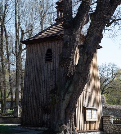 Zdjęcie nr 8: Kościół orientowany, pierwotnie na rzucie krzyża łacińskiego, jednonawowy, z kaplicami bocznymi od północy i południa, z prezbiterium prostokątnym zamkniętym wielobocznie. Obecnie w miejscu drewnianej kaplicy północnej murowana kaplica grobowa, a przy prezbiterium murowana prostokątna zakrystia i skarbczyk (1622 r.); nawa przedłużona ku zachodowi (1878-1879). Przy zachodniej części nawy, od południa, prostokątna drewniana kruchta. Wewnątrz stropy, w kaplicy północnej sklepienie krzyżowe z lunetami, w zakrystii i skarbczyku kolebkowe z lunetami. Zewnątrz zaszalowany. Dach nad nawą i prezbiterium jednokalenicowy, dwuspadowy o załamanych połaciach. Na kalenicy baniasta wieżyczka na sygnaturkę. Odrzwia zachodnie z nadprożem ozdobionym trójliściem z łukiem w ośli grzbiet oraz fryzem arkadkowym; odrzwia z prezbiterium do zakrystii z nadprożem ozdobionym łukiem w ośli grzbiet.