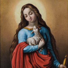 Zdjęcie nr 1: Feretron w typie obrazowym osadzony na prostopadłościennej, profilowanej uskokowo podstawie z parą otworów na drążki. Pola obrazowe mają kształt stojącego prostokąta zamkniętego łukiem wklęsło-wypukłym.
Na awersie znajduje się półpostaciowe przedstawienie św. Agnieszki, zwróconej w trzech czwartych w lewo, z głową lekko przechyloną na prawe ramię. Święta ukazana jest jako młoda dziewczyna o owalnej, pełnej twarzy z subtelnymi, młodzieńczymi rysami. Długie, brązowe, falowane włosy opadają swobodnie na plecy św. Agnieszki ubranej w błękitną suknię z długimi wąskimi rękawami i złotym obszyciem dekoltu. Partię bioder osłania przerzucony przez prawą rękę czerwony płaszcz. Święta spogląda na trzymanego baranka, w lewej ręce ma miecz. Jej głowę okala świetlisty nimb. Tło przedstawienia jest utrzymane w odcieniach brązu. 
Rewers feretronu stanowi całopostaciowy wizerunek św. Floriana. Święty stoi w delikatnym kontrapoście zwrócony na wprost. Lekko uniesiona głowa skierowana jest w trzech czwartych w lewo. Owalną twarz o delikatnych rysach młodego mężczyzny charakteryzuje krótki, jasnobrązowy zarost. Święty ma na sobie zbroję rzymskiego legionisty i spięty na lewym ramieniu czerwony płaszcz, a na głowie hełm z pióropuszem. W prawej ręce trzyma jasnobrązową chorągiew na długim drzewcu, w lewej drewniany cebrzyk, z którego wylewa się woda. W dali, po prawej stronie kompozycji, za niewielką rzeką widoczny płonący murowany budynek, po lewej kępy zarośli.         
Obrazy ujęte są profilowaną ramą zwieńczoną motywem korony oraz akantowych spływów, krawędzie zaś ujmują zwisy z liści laurowych. Struktura utrzymana jest w jasnym odcieniu szaro-zielonym, ornamentyka jest złocona.     
