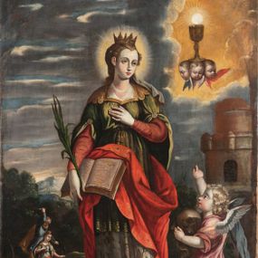 Zdjęcie nr 1: Obraz uzyskał kształt stojącego prostokąta. W centrum kompozycji na pierwszym planie przedstawiono św. Barbarę na tle górskiego krajobrazu z zachmurzonym niebem. Święta została przedstawiona w całej postaci, w lekkim kontrapoście, z głową zwróconą w lewo. Ma owalną twarz, wysokie czoło, duże oczy, prosty nos, małe usta. W prawej, opuszczonej przed siebie ręce trzyma otwartą księgę i palmę, lewą ma przyciśniętą do piersi. Ubrana jest w czerwoną tunikę i białą, zdobioną złotym ornamentem spódnicę. Na nich ma założoną zielonkawą, przewiązaną pod biustem suknię, obszytą u spodu złocistym pasem ornamentalnym. Rękawy sukni są spięte złotymi spinkami. Wykrojony dekolt sukni lamowany jest złotą taśmą, z ozdobnymi aplikacjami spływającymi na ramiona. Na szyi widać sznur pereł. W partii bioder widoczny jest czerwony płaszcz swobodnie opadający na ziemię po obu stronach postaci, przytrzymany przyłożoną do ciała księgą. Jego boki zdobi złocista borta. Spod spódnicy widać czubki białych butów. Na głowie otoczonej promienistym nimbem święta ma pięciosterczynową złotą koronę zdobioną imitacją kamieni szlachetnych i pereł. We włosach ma wpleciony szary welon łagodnie opadający na jej lewe ramię. Z prawej strony św. Barbary stoi jasnowłosy aniołek, który, spoglądając na nią, prawą ręką wskazuje na unoszący się w prawym górnym rogu obrazu kielich z hostią. Uskrzydlony aniołek jest ubrany w różową tunikę z podwiniętymi rękawami sięgającą kolan. W lewej ręce trzyma ludzką czaszkę nieznacznie zawiniętą w ciemnoniebieską tkaninę podbitą brązem, przerzuconą przez prawe ramię. Jego twarz z rumianymi policzkami jest okrągła, okalają ją jasne loki. Na wysokości spojrzenia św. Barbary został wyobrażony jaśniejący w glorii złoty kielich z hostią. Wspiera się on na trzech uskrzydlonych główkach anielskich. Pary anielskich skrzydeł są niebieskie, białe i czerwone. Na drugim planie z lewej strony świętej widoczna jest jej scena męczeństw, a z prawej cylindryczna wieża. W scenie męczeństwa święta klęczy w kontrapoście przed ojcem, z głową skierowaną w lewo. Ubrana jest w przewiązaną w talii zielonkawą suknię ze spiętymi rękawami. Poniżej jej bioder opada czerwony płaszcz. Na głowie ma złotą koronę, spod której spływają włosy i welon trzymany przez ojca w lewej ręce. Ojciec Barbary został przedstawiony jako starszy, brodaty mężczyzna o pociągłej twarzy stojący na rozsuniętych nogach. Ubrany jest w sięgającą kolan niebieskawą, rozwianą tunikę oraz cynobrowy płaszcz i tego samego koloru nogawice. Na głowie ma czerwoną czapkę obszytą futrem. W uniesionej prawej ręce ma krótką szablę, a lewą trzyma córkę za pasmo włosów i welon. Wyobrażona przy prawej krawędzi obrazu cylindryczna wieża jest trzykondygnacyjną budowlą, ze środkowym piętrem wydzielonym gzymsem, zakończonym nadwieszonym krenelażem z owalnymi bartyzelami. Na tym poziomie znajduje się półokrągłe okno. Nieco mniejsze, trzecie piętro wieży przykrywa ścięty dach.  