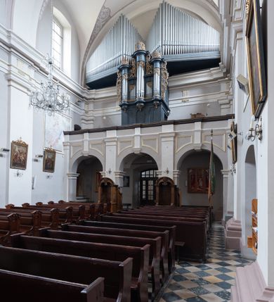 Zdjęcie nr 8: Kościół jest położony w centrum wsi, na wschód od głównej drogi, na placu otoczonym kamiennym murem przykrytym dachówką, z kilkoma drzewami. Wejście na plac przykościelny prowadzi przez szerokie schody i bramę od zachodu i bramkę od północy. Kościół jest budowlą założoną na planie prostokąta, jednonawowy, trójprzęsłowy z węższym, dwuprzęsłowym prezbiterium z apsydą. Do nawy przylegają od zachodu i północy dwie kruchty na planie kwadratu i wieża w narożu południowo-zachodnim fasady. Do prezbiterium od północy jest dostawiona kaplica na rzucie prostokąta otwierająca się półkolistymi arkadami, a od południa zakrystia. 
Artykulacja ścian jest przeprowadzona za pomocą zdwojonych pilastrów toskańskich stojących na wysokich postumentach i podtrzymujących wydatne, przełamujące się, pełne belkowanie z fryzem tryglifowym oraz wysuniętym gzymsem, obiegającym całe wnętrze świątyni. Wnętrze nakrywa sklepienie kolebkowe na gurtach z lunetami; w kluczach sklepienia znajdują się tarcze herbowe, Złota Pilawa oraz Ostoja. W lunetach umieszczone są okna prostokątne zamknięte łukiem odcinkowym; takie same okna znajdują się w apsydzie prezbiterium, poniżej belkowania.  W kaplicy znajdują się dwa prostokątne okna zamknięte odcinkowo. Zakrystia jest jednoprzestrzenna, nakryta sklepieniem krzyżowym. Prowadzi do niej kamienny portal profilowany z uszakami, z podwieszonymi wolutami, zwieńczony wydatnym gzymsem. W partii fryzu umieszczono polichromowany kartusz z herbem Ostoja. W ścianach środkowego przęsła korpusu nawowego po obu stronach kościoła znajdują się głębokie, prostokątne nisze zamknięte łukami odcinkowymi. W niszy północnej umieszczono drzwi prowadzące do niewielkiej kruchty przykrytej stropem, z dwoma małymi, okrągłymi oknami po bokach. Również po zachodniej stronie korpusu znajduje się wejście do kruchty. Ponadto na ścianach nawy oraz prezbiterium widnieją płyciny ujęte ramą profilowaną w tynku. W pierwszym od strony fasady przęśle znajduje się murowany chór muzyczny, trójarkadowy, wsparty na dwóch filarach opiętych pilastrami oraz dwóch półfilarach przylegających do ścian, sklepiony krzyżowo. 
Fasada kościoła jest płaska, zakończona gzymsem, z czterokondygnacyjną wieżą, nakrytą cebulastym hełmem z krzyżem. Boczne elewacje ujęte uskokowymi przyporami, zakończone gzymsem. Dachy dwuspadowe nad nawą i kruchtami, trójspadowe nad prezbiterium, półsferyczne nad apsydą, pulpitowe nad kaplicą i zakrystią, kryte blachą. Nad granicy nawy i prezbiterium wieloboczna wieżyczka na sygnaturkę z prześwitami, zakończona kopułą, sterczyną i kulą z krzyżem. 
