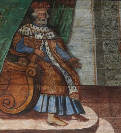 Zdjęcie nr 16: Polichromia ścienna prezbiterium pokrywa wszystkie ściany oraz strop tej części świątyni. 

Polichromia ścienna stropu
Strop zdobiony jest malowanymi kasetonami, w których umieszczone są rozety na różnokolorowych tłach. W centrum ukazane są dwie prostokątne kompozycje, ujęte w ornamentalne ramy. Od wschodu znajduje się Zwiastowanie Zachariaszowi, powyżej inskrypcja: „NE TIMEAS ZACHARIA VXOR TVA PARIET TIBI / FILIVM ET VOCABIS NOMEN EIVS IOANNEM LUCAE 1”. W drugiej kompozycji przedstawiono Nawiedzenie z Najświętszej Marii Panny ze św. Zachariaszem i św. Józefem, powyżej inskrypcja: „EXVLTAVIT IN GAVDIO INFANS IN VTERO MEO LUCAE 1”. 

Polichromia ścienna ścian prezbiterium
Dekoracje ścian o formie pasowej. W dolnej kondygnacji malowane iluzjonistycznie portrety świętych węgierskich w ornamentalnych ramach. Postacie ukazane do wysokości kolan, zwrócone trzy czwarte z odpowiednimi im atrybutami w dłoniach. Portrety opatrzone u góry łacińskimi opisami. Na ścianie północnej galerię otwiera wizerunek króla Stefana z napisem: „S(ANCTVS) STEPHANVS REX VNGARIAE, REGNVM SVVM DEIPARAE / DONAVIT OBIIT. 1038. 20 AVG(VSTVS) SEP. ALBERE 9.”. Następnie ukazani są kolejno: św. Emeryk „S(ANCTVS) EMERIGVS DVX VNGARIAE VT VIRGO MANERET, / A. CAELO PERSVASVS OBIIT. 1032. 5 nou. Sen. Albdvewas”, św. Władysław: „S(ANCTVS) LADISLAVS REX UNGARIAE ROSARIO ENSI OBVO/LUTO PVGNARE SOLITVS OBIIT 1097. 27.  iun. Sep. varad.”. Po drugiej stronie prezbiterium umieszczone są cztery obrazy świętych o tych samych wymiarach, również opatrzone napisami. Od lewej strony kolejno: św. Salomon „S(ANCTVS) SALOMON REX VNGARIAE DEIN EREMITA VITAE / AVSTERITATE FLORVIT OBIIT 1077. 28. Sept. Sep. Pold. in Idria”, św. Kazimierz: „S(ANCTVS) CASIMIRVS ELECTVS REX VNGARIAE AMORE / SARVANDAE VIRGINITATIS OBIIT 1484 4. MARTII.”, św. Dawid: „S(ANTCVS) DAVID REX SCOTIAE, FILIVS S(ANCTA) MARGA/RITAE VNGARA MATRE NATAE OBIIT 1153”, św. Ludwik: „S(SANCTVS) LVDOVICVS TOLOSANVS EP. E MARIA / REGIS VNG. FILIA NATVS OBIIT 1297 19 Aug(ustvs)”. Cykl ten kończy przy ścianie tęczowej przedstawienie św. Gintera „S(ANCVS) GVNTHERVS EREM. S(ANCTVS) STEPHANI REGIS / VNGARIAE COGNATVS OBIIT 1045 9. oct.”. Dodatkowo w obrazy wpisane są zacheuszki w formie równoramiennych krzyży ujętych w medaliony utworzone z wieńca. W zamknięciu prezbiterium przedstawienia diabłów, a od zachodu pod amboną czyściec.

Kondygnacja druga o podziałach architektonicznych u dołu wydzielona cokołem, dekorowanym złotymi girlandami na czarnym tle. Prostokątne pola wydzielone za pomocą malowanych iluzjonistycznie kolumn korynckich dźwigających architraw zdobiony stylizowanym kimationem jońskim. Powyżej fryz wypełniony wicią akantową, pomiędzy którą wplecione są kartusze z przedstawieniami świętych. W polach, pomiędzy kolumnami wielofigurowe kompozycje ze scenami z życia św. Jana Chrzciciela: Głos wołającego na pustyni „TV QVIS ES VOX CLAMANTIS IN DESERTO IOANN(IS) 1.”, Oto Baranek Boży „ECCE AGNVS DEI ECCE QVI TOLLIT PECCATVM MVNDI IOANN. IMÕ.”, Chrzest Jezusa w Jordanie „IESVS BAPTISTAVS EST A IONNE IN IORDANE MARCI. 1.”, Św. Jan Chrzciciel napomina Heroda „DICEBAT IOANNES HERODI NON LICET TIBI HABERE VXOREM FRATRIS TVI. MARCI 6,19.”, Św. Maria Magdalena pokutująca na pustyni, Św. Jan Chrzciciel na pustyni, Św. Jan Chrzciciel wtrącony do więzienia „HERODES TENVIT IONNEM ET VINXIT EVM IN CARCERE MAR 67o”, Kat podaje głowę św. Jana Chrzciciela Salome „DECOLLAVIT EVM IN CARCERE ET DEDIT CAPVT PVELLAE MAR.6.(?)”, Uczta Heroda „HERODES NATALIS SVI COENAM FECIT PRINCIPIBVS MAR. 6 10.”, Salome podaje głowę św. Jana Chrzciciela matce „CAPVT EIVS PVELLA DEDIT MATRI SVE M. 61”. 

W ostatniej, trzeciej strefie, umieszczonej w partii fryzu znajdują się medaliony. Na ścianie tęczowej, następnie na ścianie północnej i południowej ukazani są kolejno: św. Maciej „SA[N]CTVS / MATTHIAS”, Chrystus „IESVS / CHRISTVS”, św. Piotr „SANCTVS / PETRVS”, św. Szymon „SANCTVS / SIMON”, św. Andrzej „SANCTVS / ANDREAS”, św. Jakub Większy „S(ANCTVS) IACOBI / MAIORI”, św. Jan „(?)”, św. Filip „(?)”, św. Bartłomiej „SANCTVS / BARTHOLO/MAVS”, św. Tomasz „SANCTVS / THOMAS”, św. Mateusz „SANCTVS / MATTHAEVS”, św. Jakub Mniejszy „S(ANCTVS) IACOBVS / MINOR” i św. Juda Tadeusz „S(ANCVS) IVDA / THADEVS” na ścianie tęczowej od południa. Na belce tęczowej, od strony prezbiterium w wieńcu laurowym napis: „PICTVM / A[NNO] D[OMINI] 1711”.