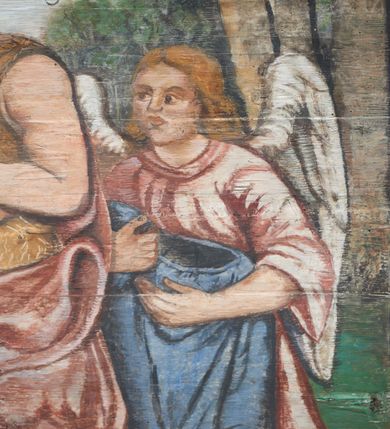 Zdjęcie nr 19: Polichromia ścienna prezbiterium pokrywa wszystkie ściany oraz strop tej części świątyni. 

Polichromia ścienna stropu
Strop zdobiony jest malowanymi kasetonami, w których umieszczone są rozety na różnokolorowych tłach. W centrum ukazane są dwie prostokątne kompozycje, ujęte w ornamentalne ramy. Od wschodu znajduje się Zwiastowanie Zachariaszowi, powyżej inskrypcja: „NE TIMEAS ZACHARIA VXOR TVA PARIET TIBI / FILIVM ET VOCABIS NOMEN EIVS IOANNEM LUCAE 1”. W drugiej kompozycji przedstawiono Nawiedzenie z Najświętszej Marii Panny ze św. Zachariaszem i św. Józefem, powyżej inskrypcja: „EXVLTAVIT IN GAVDIO INFANS IN VTERO MEO LUCAE 1”. 

Polichromia ścienna ścian prezbiterium
Dekoracje ścian o formie pasowej. W dolnej kondygnacji malowane iluzjonistycznie portrety świętych węgierskich w ornamentalnych ramach. Postacie ukazane do wysokości kolan, zwrócone trzy czwarte z odpowiednimi im atrybutami w dłoniach. Portrety opatrzone u góry łacińskimi opisami. Na ścianie północnej galerię otwiera wizerunek króla Stefana z napisem: „S(ANCTVS) STEPHANVS REX VNGARIAE, REGNVM SVVM DEIPARAE / DONAVIT OBIIT. 1038. 20 AVG(VSTVS) SEP. ALBERE 9.”. Następnie ukazani są kolejno: św. Emeryk „S(ANCTVS) EMERIGVS DVX VNGARIAE VT VIRGO MANERET, / A. CAELO PERSVASVS OBIIT. 1032. 5 nou. Sen. Albdvewas”, św. Władysław: „S(ANCTVS) LADISLAVS REX UNGARIAE ROSARIO ENSI OBVO/LUTO PVGNARE SOLITVS OBIIT 1097. 27.  iun. Sep. varad.”. Po drugiej stronie prezbiterium umieszczone są cztery obrazy świętych o tych samych wymiarach, również opatrzone napisami. Od lewej strony kolejno: św. Salomon „S(ANCTVS) SALOMON REX VNGARIAE DEIN EREMITA VITAE / AVSTERITATE FLORVIT OBIIT 1077. 28. Sept. Sep. Pold. in Idria”, św. Kazimierz: „S(ANCTVS) CASIMIRVS ELECTVS REX VNGARIAE AMORE / SARVANDAE VIRGINITATIS OBIIT 1484 4. MARTII.”, św. Dawid: „S(ANTCVS) DAVID REX SCOTIAE, FILIVS S(ANCTA) MARGA/RITAE VNGARA MATRE NATAE OBIIT 1153”, św. Ludwik: „S(SANCTVS) LVDOVICVS TOLOSANVS EP. E MARIA / REGIS VNG. FILIA NATVS OBIIT 1297 19 Aug(ustvs)”. Cykl ten kończy przy ścianie tęczowej przedstawienie św. Gintera „S(ANCVS) GVNTHERVS EREM. S(ANCTVS) STEPHANI REGIS / VNGARIAE COGNATVS OBIIT 1045 9. oct.”. Dodatkowo w obrazy wpisane są zacheuszki w formie równoramiennych krzyży ujętych w medaliony utworzone z wieńca. W zamknięciu prezbiterium przedstawienia diabłów, a od zachodu pod amboną czyściec.

Kondygnacja druga o podziałach architektonicznych u dołu wydzielona cokołem, dekorowanym złotymi girlandami na czarnym tle. Prostokątne pola wydzielone za pomocą malowanych iluzjonistycznie kolumn korynckich dźwigających architraw zdobiony stylizowanym kimationem jońskim. Powyżej fryz wypełniony wicią akantową, pomiędzy którą wplecione są kartusze z przedstawieniami świętych. W polach, pomiędzy kolumnami wielofigurowe kompozycje ze scenami z życia św. Jana Chrzciciela: Głos wołającego na pustyni „TV QVIS ES VOX CLAMANTIS IN DESERTO IOANN(IS) 1.”, Oto Baranek Boży „ECCE AGNVS DEI ECCE QVI TOLLIT PECCATVM MVNDI IOANN. IMÕ.”, Chrzest Jezusa w Jordanie „IESVS BAPTISTAVS EST A IONNE IN IORDANE MARCI. 1.”, Św. Jan Chrzciciel napomina Heroda „DICEBAT IOANNES HERODI NON LICET TIBI HABERE VXOREM FRATRIS TVI. MARCI 6,19.”, Św. Maria Magdalena pokutująca na pustyni, Św. Jan Chrzciciel na pustyni, Św. Jan Chrzciciel wtrącony do więzienia „HERODES TENVIT IONNEM ET VINXIT EVM IN CARCERE MAR 67o”, Kat podaje głowę św. Jana Chrzciciela Salome „DECOLLAVIT EVM IN CARCERE ET DEDIT CAPVT PVELLAE MAR.6.(?)”, Uczta Heroda „HERODES NATALIS SVI COENAM FECIT PRINCIPIBVS MAR. 6 10.”, Salome podaje głowę św. Jana Chrzciciela matce „CAPVT EIVS PVELLA DEDIT MATRI SVE M. 61”. 

W ostatniej, trzeciej strefie, umieszczonej w partii fryzu znajdują się medaliony. Na ścianie tęczowej, następnie na ścianie północnej i południowej ukazani są kolejno: św. Maciej „SA[N]CTVS / MATTHIAS”, Chrystus „IESVS / CHRISTVS”, św. Piotr „SANCTVS / PETRVS”, św. Szymon „SANCTVS / SIMON”, św. Andrzej „SANCTVS / ANDREAS”, św. Jakub Większy „S(ANCTVS) IACOBI / MAIORI”, św. Jan „(?)”, św. Filip „(?)”, św. Bartłomiej „SANCTVS / BARTHOLO/MAVS”, św. Tomasz „SANCTVS / THOMAS”, św. Mateusz „SANCTVS / MATTHAEVS”, św. Jakub Mniejszy „S(ANCTVS) IACOBVS / MINOR” i św. Juda Tadeusz „S(ANCVS) IVDA / THADEVS” na ścianie tęczowej od południa. Na belce tęczowej, od strony prezbiterium w wieńcu laurowym napis: „PICTVM / A[NNO] D[OMINI] 1711”.