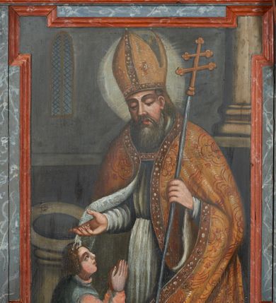 Zdjęcie nr 33: Polichromia ścienna prezbiterium pokrywa wszystkie ściany oraz strop tej części świątyni. 

Polichromia ścienna stropu
Strop zdobiony jest malowanymi kasetonami, w których umieszczone są rozety na różnokolorowych tłach. W centrum ukazane są dwie prostokątne kompozycje, ujęte w ornamentalne ramy. Od wschodu znajduje się Zwiastowanie Zachariaszowi, powyżej inskrypcja: „NE TIMEAS ZACHARIA VXOR TVA PARIET TIBI / FILIVM ET VOCABIS NOMEN EIVS IOANNEM LUCAE 1”. W drugiej kompozycji przedstawiono Nawiedzenie z Najświętszej Marii Panny ze św. Zachariaszem i św. Józefem, powyżej inskrypcja: „EXVLTAVIT IN GAVDIO INFANS IN VTERO MEO LUCAE 1”. 

Polichromia ścienna ścian prezbiterium
Dekoracje ścian o formie pasowej. W dolnej kondygnacji malowane iluzjonistycznie portrety świętych węgierskich w ornamentalnych ramach. Postacie ukazane do wysokości kolan, zwrócone trzy czwarte z odpowiednimi im atrybutami w dłoniach. Portrety opatrzone u góry łacińskimi opisami. Na ścianie północnej galerię otwiera wizerunek króla Stefana z napisem: „S(ANCTVS) STEPHANVS REX VNGARIAE, REGNVM SVVM DEIPARAE / DONAVIT OBIIT. 1038. 20 AVG(VSTVS) SEP. ALBERE 9.”. Następnie ukazani są kolejno: św. Emeryk „S(ANCTVS) EMERIGVS DVX VNGARIAE VT VIRGO MANERET, / A. CAELO PERSVASVS OBIIT. 1032. 5 nou. Sen. Albdvewas”, św. Władysław: „S(ANCTVS) LADISLAVS REX UNGARIAE ROSARIO ENSI OBVO/LUTO PVGNARE SOLITVS OBIIT 1097. 27.  iun. Sep. varad.”. Po drugiej stronie prezbiterium umieszczone są cztery obrazy świętych o tych samych wymiarach, również opatrzone napisami. Od lewej strony kolejno: św. Salomon „S(ANCTVS) SALOMON REX VNGARIAE DEIN EREMITA VITAE / AVSTERITATE FLORVIT OBIIT 1077. 28. Sept. Sep. Pold. in Idria”, św. Kazimierz: „S(ANCTVS) CASIMIRVS ELECTVS REX VNGARIAE AMORE / SARVANDAE VIRGINITATIS OBIIT 1484 4. MARTII.”, św. Dawid: „S(ANTCVS) DAVID REX SCOTIAE, FILIVS S(ANCTA) MARGA/RITAE VNGARA MATRE NATAE OBIIT 1153”, św. Ludwik: „S(SANCTVS) LVDOVICVS TOLOSANVS EP. E MARIA / REGIS VNG. FILIA NATVS OBIIT 1297 19 Aug(ustvs)”. Cykl ten kończy przy ścianie tęczowej przedstawienie św. Gintera „S(ANCVS) GVNTHERVS EREM. S(ANCTVS) STEPHANI REGIS / VNGARIAE COGNATVS OBIIT 1045 9. oct.”. Dodatkowo w obrazy wpisane są zacheuszki w formie równoramiennych krzyży ujętych w medaliony utworzone z wieńca. W zamknięciu prezbiterium przedstawienia diabłów, a od zachodu pod amboną czyściec.

Kondygnacja druga o podziałach architektonicznych u dołu wydzielona cokołem, dekorowanym złotymi girlandami na czarnym tle. Prostokątne pola wydzielone za pomocą malowanych iluzjonistycznie kolumn korynckich dźwigających architraw zdobiony stylizowanym kimationem jońskim. Powyżej fryz wypełniony wicią akantową, pomiędzy którą wplecione są kartusze z przedstawieniami świętych. W polach, pomiędzy kolumnami wielofigurowe kompozycje ze scenami z życia św. Jana Chrzciciela: Głos wołającego na pustyni „TV QVIS ES VOX CLAMANTIS IN DESERTO IOANN(IS) 1.”, Oto Baranek Boży „ECCE AGNVS DEI ECCE QVI TOLLIT PECCATVM MVNDI IOANN. IMÕ.”, Chrzest Jezusa w Jordanie „IESVS BAPTISTAVS EST A IONNE IN IORDANE MARCI. 1.”, Św. Jan Chrzciciel napomina Heroda „DICEBAT IOANNES HERODI NON LICET TIBI HABERE VXOREM FRATRIS TVI. MARCI 6,19.”, Św. Maria Magdalena pokutująca na pustyni, Św. Jan Chrzciciel na pustyni, Św. Jan Chrzciciel wtrącony do więzienia „HERODES TENVIT IONNEM ET VINXIT EVM IN CARCERE MAR 67o”, Kat podaje głowę św. Jana Chrzciciela Salome „DECOLLAVIT EVM IN CARCERE ET DEDIT CAPVT PVELLAE MAR.6.(?)”, Uczta Heroda „HERODES NATALIS SVI COENAM FECIT PRINCIPIBVS MAR. 6 10.”, Salome podaje głowę św. Jana Chrzciciela matce „CAPVT EIVS PVELLA DEDIT MATRI SVE M. 61”. 

W ostatniej, trzeciej strefie, umieszczonej w partii fryzu znajdują się medaliony. Na ścianie tęczowej, następnie na ścianie północnej i południowej ukazani są kolejno: św. Maciej „SA[N]CTVS / MATTHIAS”, Chrystus „IESVS / CHRISTVS”, św. Piotr „SANCTVS / PETRVS”, św. Szymon „SANCTVS / SIMON”, św. Andrzej „SANCTVS / ANDREAS”, św. Jakub Większy „S(ANCTVS) IACOBI / MAIORI”, św. Jan „(?)”, św. Filip „(?)”, św. Bartłomiej „SANCTVS / BARTHOLO/MAVS”, św. Tomasz „SANCTVS / THOMAS”, św. Mateusz „SANCTVS / MATTHAEVS”, św. Jakub Mniejszy „S(ANCTVS) IACOBVS / MINOR” i św. Juda Tadeusz „S(ANCVS) IVDA / THADEVS” na ścianie tęczowej od południa. Na belce tęczowej, od strony prezbiterium w wieńcu laurowym napis: „PICTVM / A[NNO] D[OMINI] 1711”.