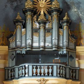 Zdjęcie nr 1: Chór muzyczny przyścienny, podwieszony na ścianie chóru zachodniego, wsparty na dwóch wklęsło-wypukłych konsolach z motywami palmet i kartuszem pośrodku. Parapet chóru wybrzuszony w części środkowej, z wklęsłymi bokami; od spodu aplikowana przestylizowana, stiukowa dekoracja roślinna. Parapet z tralkami powyżej, poprzedzielanymi sześcioma filarkami; gzyms prowadzony analogicznie jak podstawa chóru. Prospekt organowy pięcioosiowy, jednokondygnacyjny ze zwieńczeniem, z osiami skrajnymi i środkową równej wysokości oraz osiami drugą i czwartą wyższymi od pozostałych. Cokół prospektu wcięty na bokach, na osiach skrajnych zbiegający ku środkowi, w trzech osiach środkowych w kształcie półkolumienki. Uszy w formie delikatnych spływów z piszczałkami wewnątrz; piszczałki w każdej osi ustawione podobnie jak cokół prospektu. Belkowanie niepełne, wyłamane; gzyms w osiach bocznych zbiegający ku środkowi, w trzech osiach środkowych lekko wybrzuszony. Zwieńczenia kwater z piszczałkami dekorowane imitacją kratki regencyjnej, podobnie jak pola z piszczałkami pomiędzy osiami oraz zwieńczenia każdej z pięciu osi. Nad osią środkową wielka gloria promienista z motywem maski solarnej pośrodku.

Podstawa chóru malowana na odcień ciemnej żółci, parapet z tralkami w odcieniach ciemnej szarości, podobnie jak prospekt. Detale złocone.