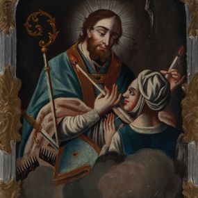 Zdjęcie nr 1: Obrazy w formie stojącego prostokąta ujęte są dwustronną, profilowaną ramą o dolnej i górnej krawędzi o falistym zarysie, dekorowaną rocaille'm, zwieńczoną szczytem utworzonym z rocaille'u. Rama umocowana na podstawie na rzucie wydłużonego prostokąta z wypukłościami od przodu i tyłu, z dwoma otworami przeznaczonymi do wsuwania drążków.

Obraz św. Błażeja przedstawia świętego w półpostaci zwróconego w trzech czwartych w lewo, w kierunku ukazanego półpostaciowo na pierwszym planie młodzieńca. Szczupłą twarz świętego charakteryzuje blada karnacja, duże, półprzymknięte oczy oraz jasnobrązowy zarost. Krótkie włosy zaczesane są do tyłu. Święty Błażej ubrany jest w komżę, skrzyżowaną na piersi złotą stułę i niebieską kapę z jasnoróżowym podszyciem. Po lewej stronie kompozycji znajdują się atrybuty świętego, jak pastorał, infuła i dwa zgrzebła. Chłopiec jest zwrócony tyłem, z twarzą widoczną z profilu. Ma na sobie białą koszulę i niebieską koszulę, a głowę i podbródek owinięty białą chustą. Święty w dwóch dłoniach trzyma świece krzyżując je na gardle chłopca.W dolnej części obrazu widoczne są obłoki, w prawym dolnym rogu napis „S(ANCTUS) BLASIUS”.

Obraz św. Floriana przedstawia wyłaniającą się z obłoku półpostać świętego zwróconego w trzech czwartych w prawo i z głową skierowaną w lewo. Twarz świętego o zdecydowanych, męskich rysach, długim nosie, rozwartych szeroko oczach, od dołu okolona brązowym zarostem z krótką brodą. Ubrany w strój rzymskiego legionisty, tunikę, zbroję torsową i czerwony płaszcz zapięty na lewym ramieniu, na głowie hełm z pióropuszem. Święty w lewej ręce trzyma wiadro, zalewając wodą pożar budynku u dołu, prawą unosi w geście błogosławieństwa. Przy jego prawym boku znajduje się półpostaciowo ukazane putto trzymające chorągiew. Tło kompozycji stanowi pejzaż. W dolnej części widoczny jest napis „S(ANCTUS) FLORIANUS”.